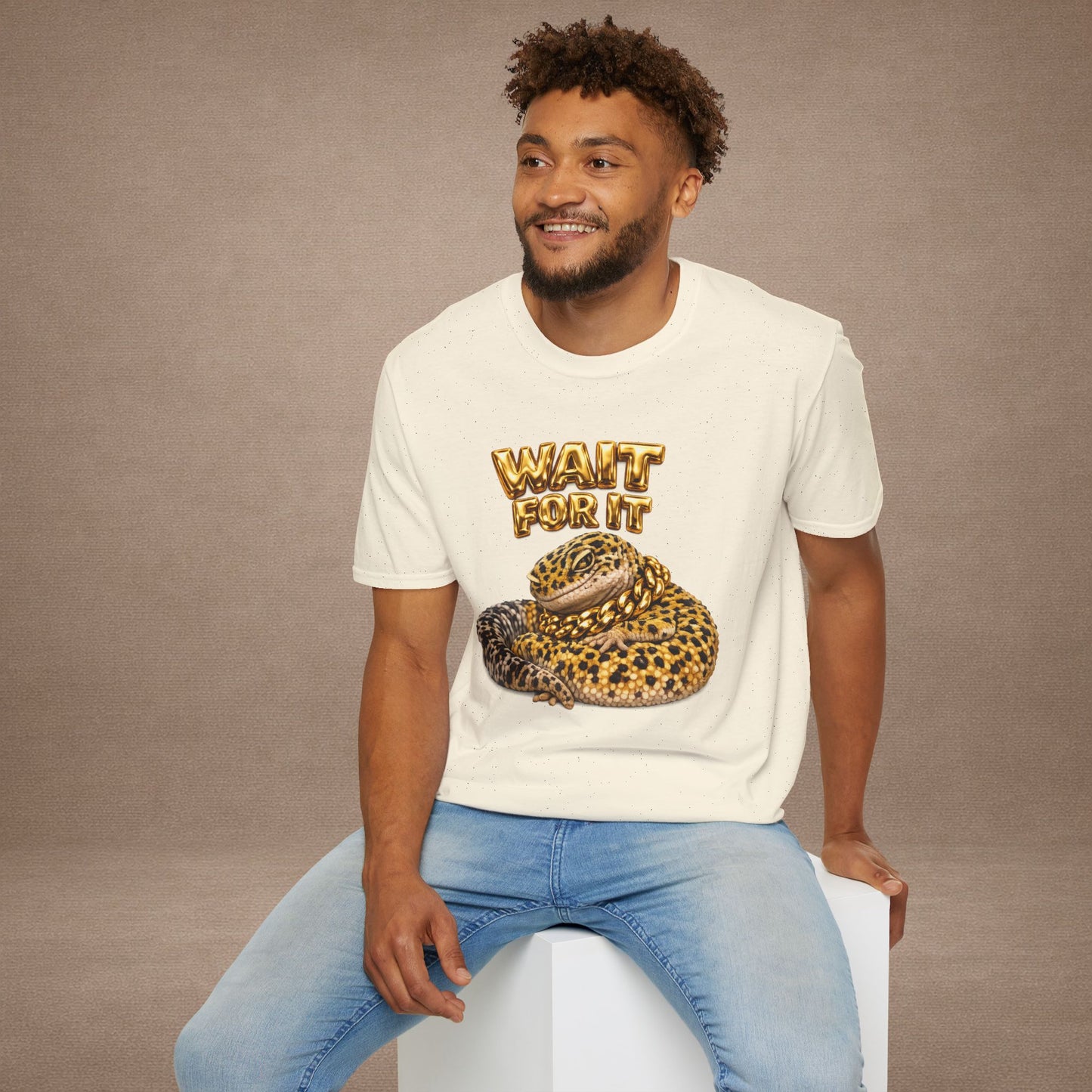 DESIGN #06-1 - Wait For It -  Side-Eye Leopard Gecko Tee (Front & Back)- Gold Letters