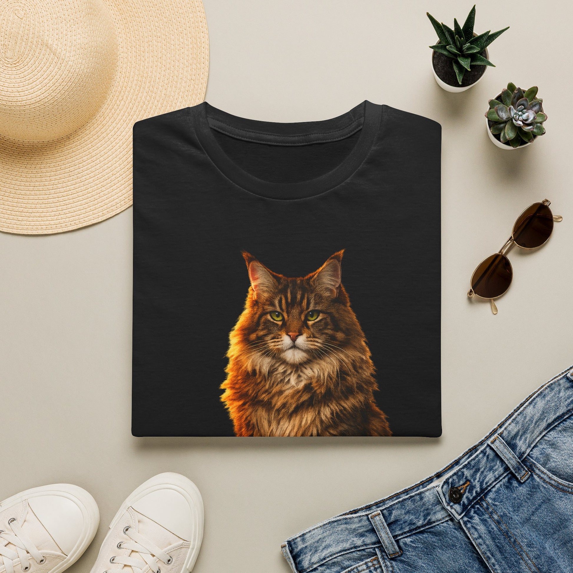 Maine Coon — Gentle Giant — photoreal cat breed portraits paired with tiny gecko compani. Gold Gecko Co. Cats & Geckos collection.