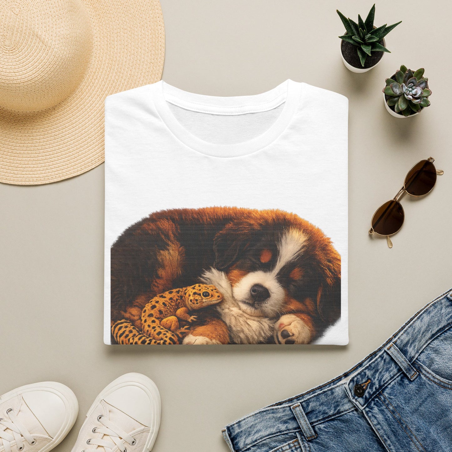 Bernese Mountain Dog — Cozy Mountain Club — cinematic photoreal portraits of beloved dog breeds paired w. Gold Gecko Co. Puppies & Geckos collection.