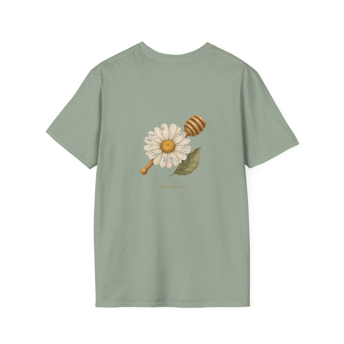 Tea Time Gecko cottagecore watercolor T-shirt from Gold Gecko Co. — gecko sipping from a floral teacup among daisies and lavender.