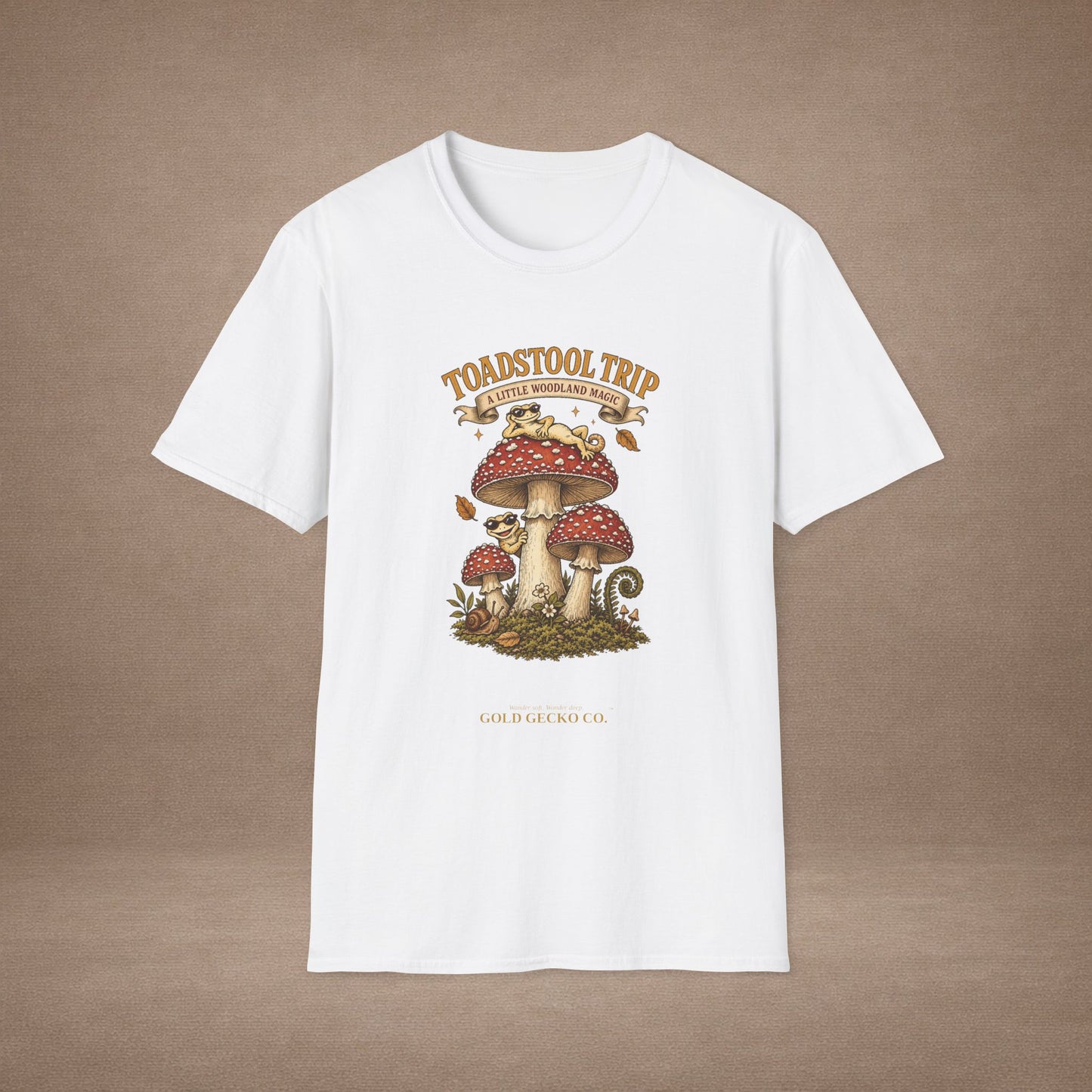 Toadstool Trip cottagecore mushroom & gecko t-shirt — Gold Gecko Co.