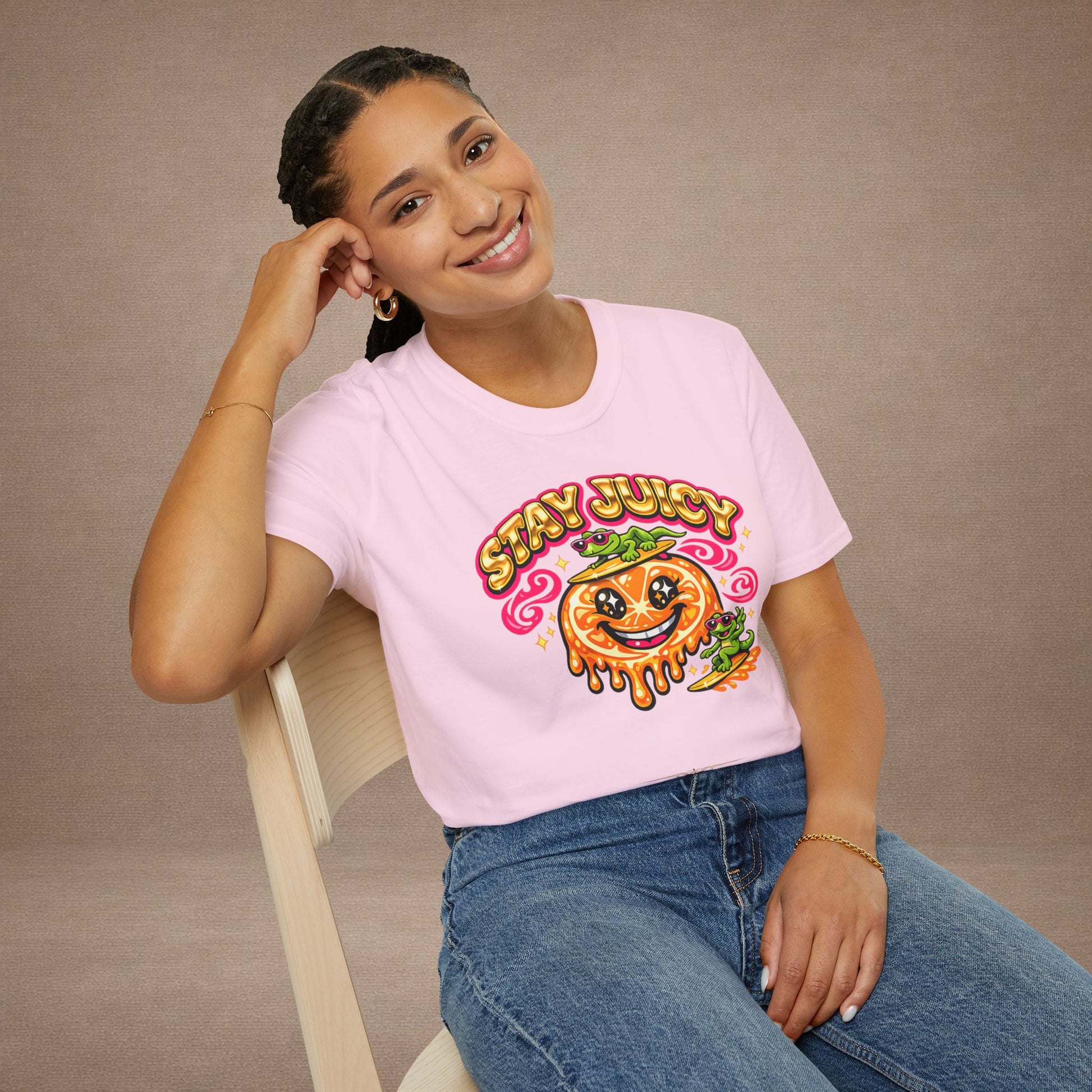 Stay Juicy retro chrome orange & gecko graphic t-shirt — Gold Gecko Co.