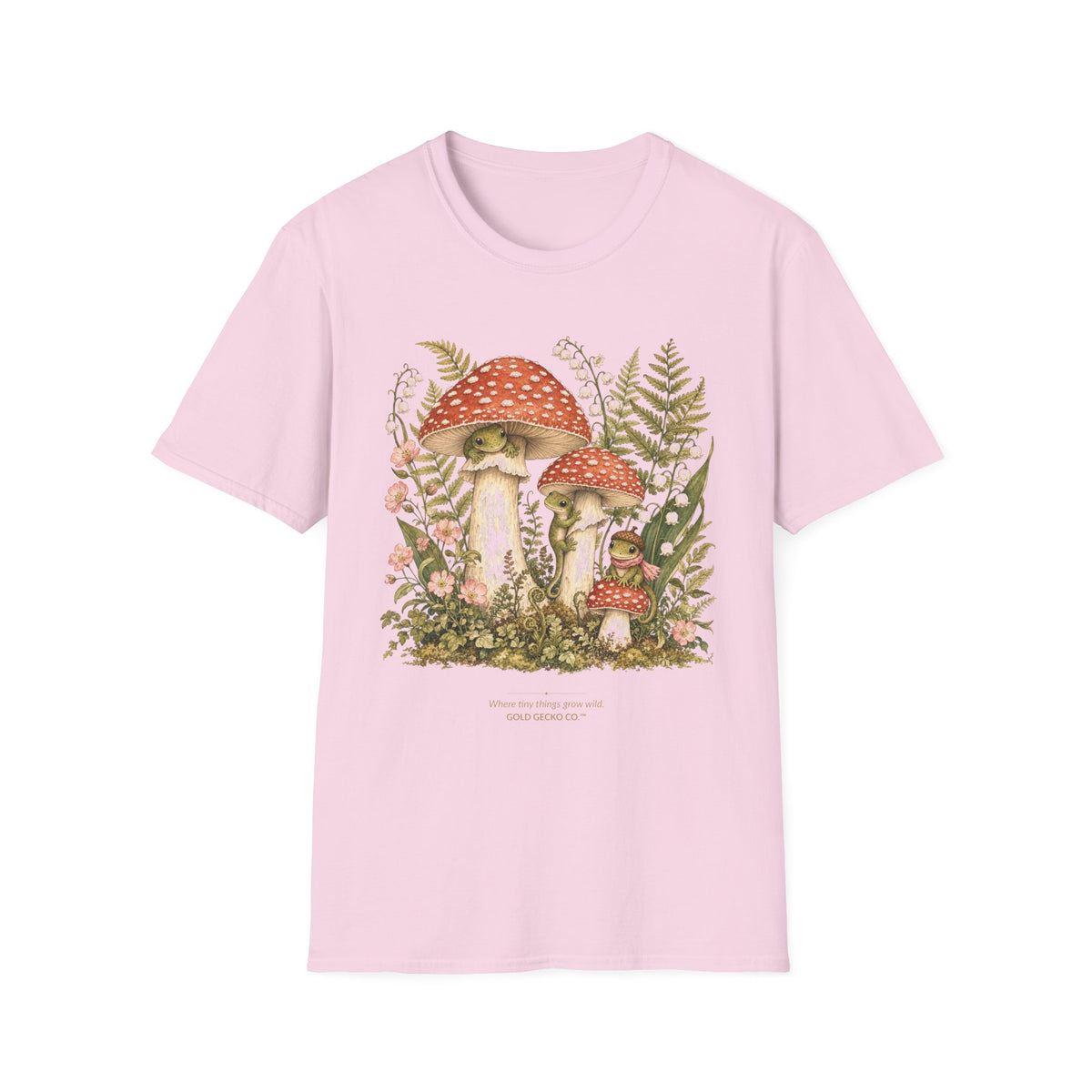 Mushroom Village cottagecore watercolor T-shirt from Gold Gecko Co. — gecko exploring a whimsical toadstool village in the woods.