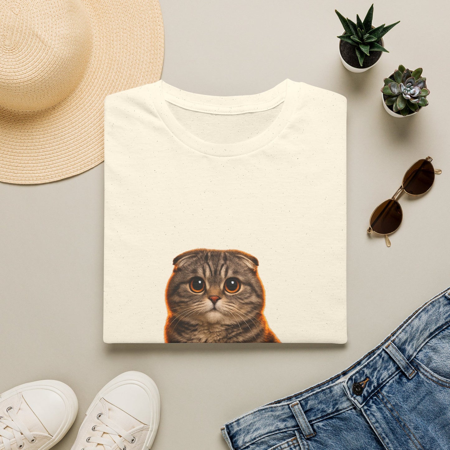 Scottish Fold — Ears For Days — photoreal cat breed portraits paired with tiny gecko compani. Gold Gecko Co. Cats & Geckos collection.