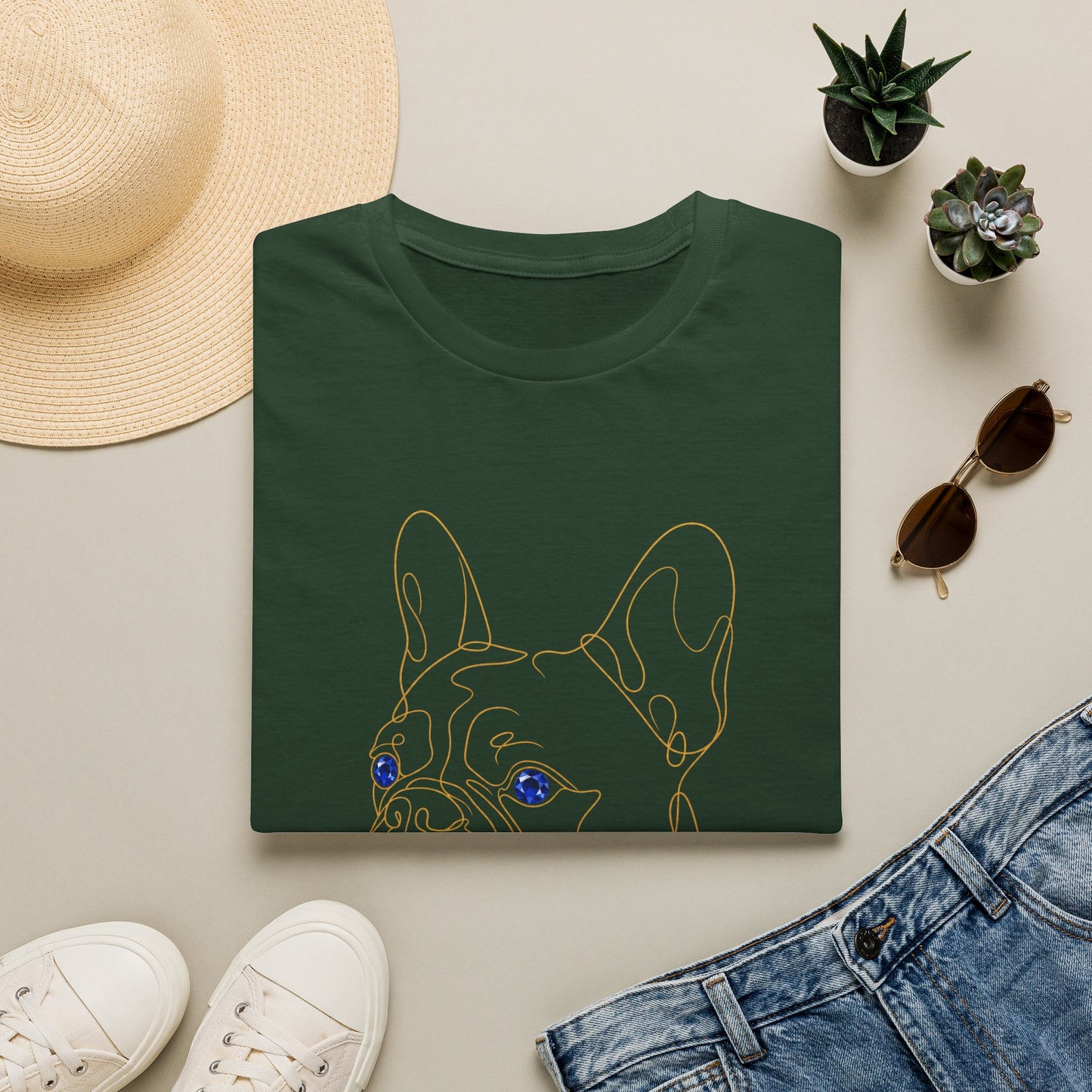Sapphire French Bulldog single-line art with sapphire blue gem eye — Gold Gecko Co. Line & Gold collection (Dark)