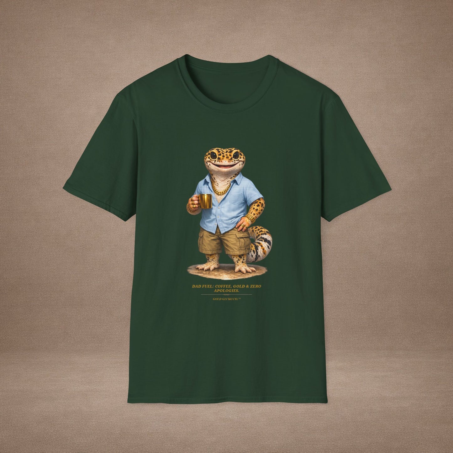 Design #03-2-2 - Coffee Dad (Leopard - Powder Blue Shirt, Gold Mug, Grass)