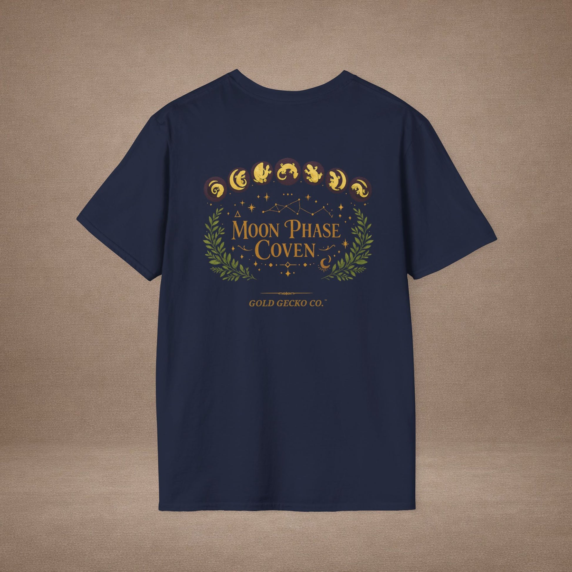 Moon Phase Coven gecko t-shirt with Coven Banner back — Gold Gecko Co. Moon & Mystic collection