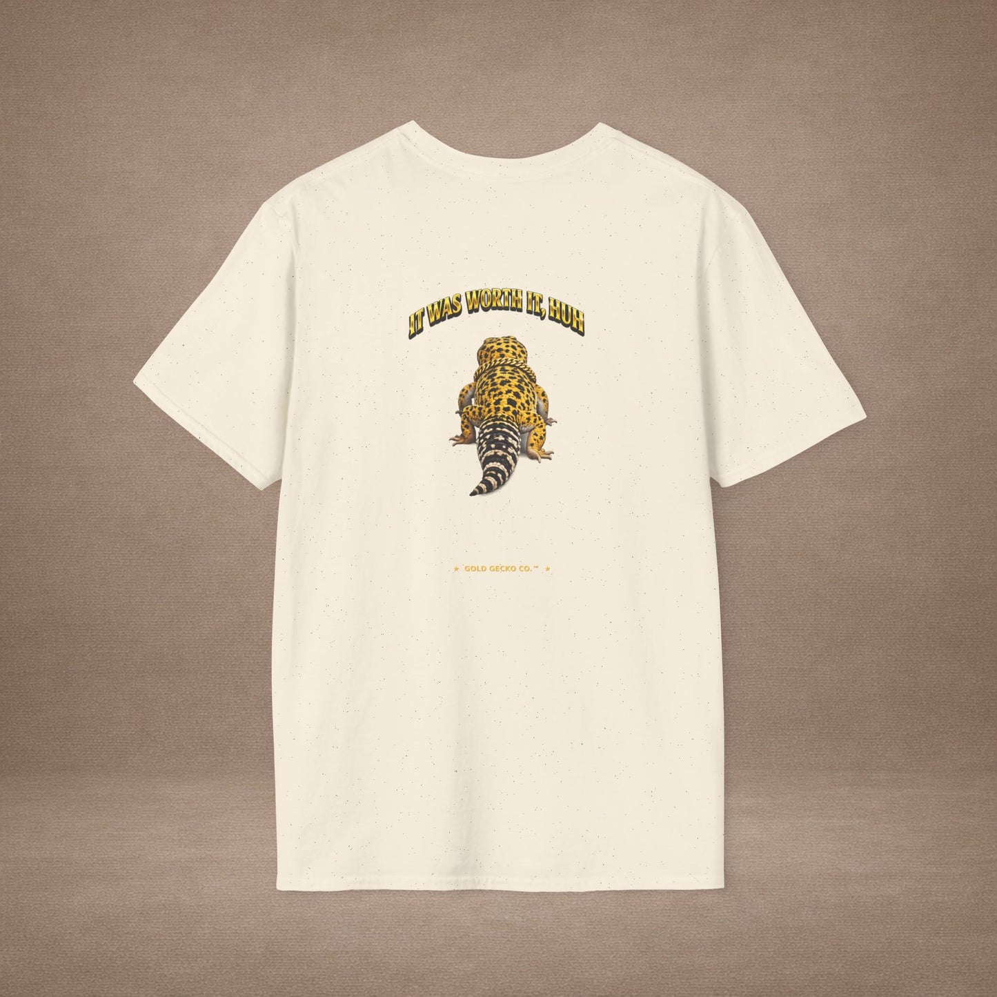 DESIGN #21 Wait For It... Lounging Leopard Gecko Tee (Front & Back) - Gold Lettering