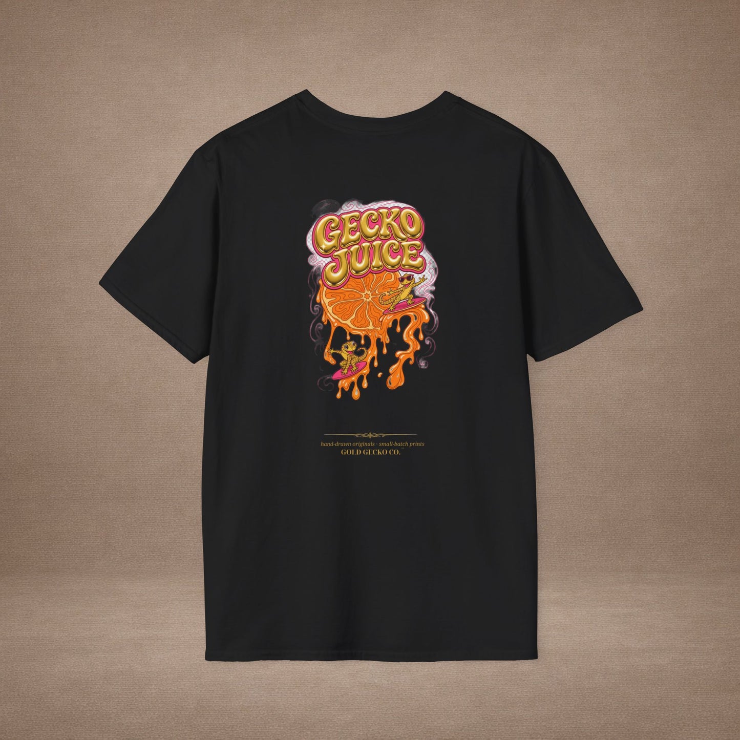 Stay Juicy retro chrome orange & gecko graphic t-shirt — Gold Gecko Co.