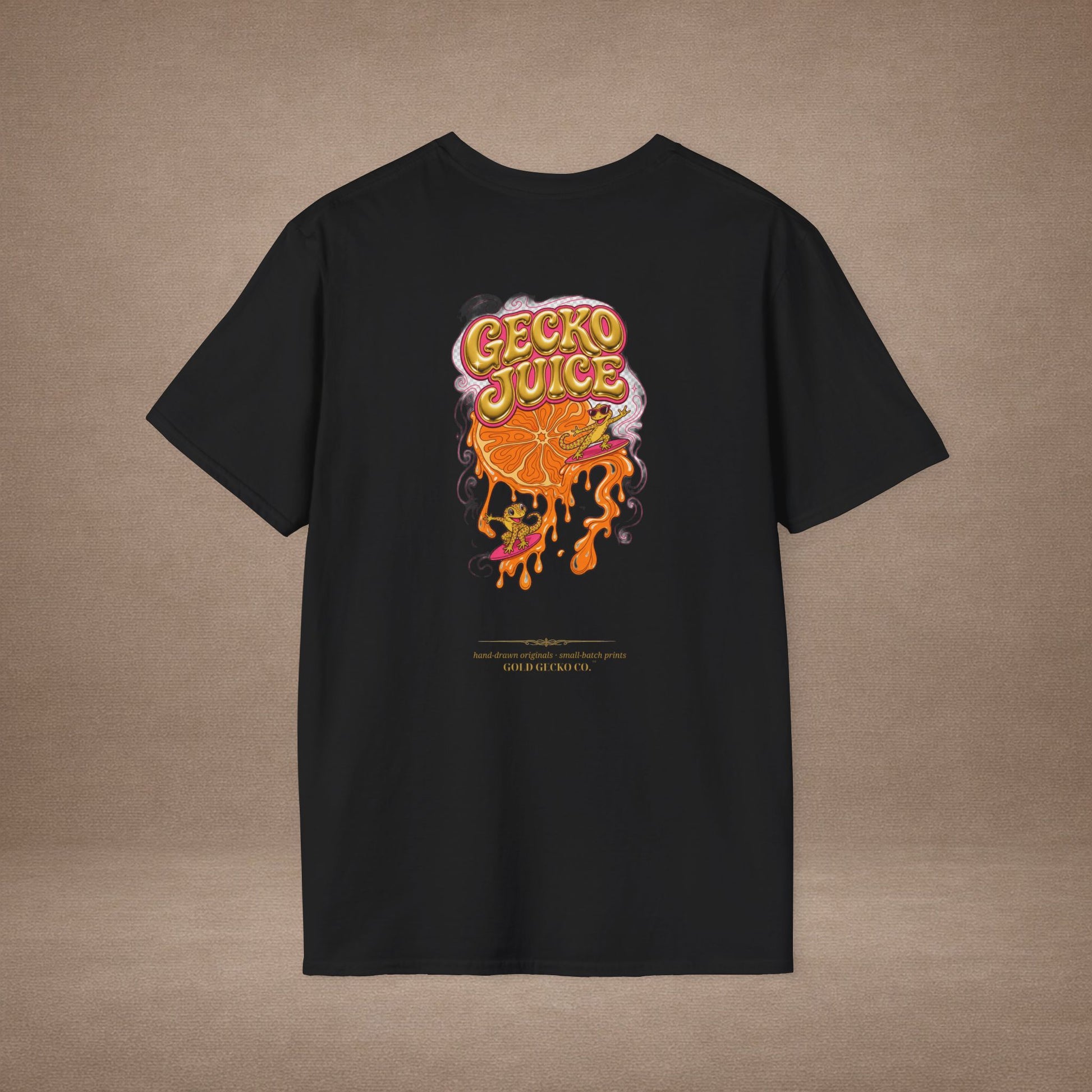 Stay Juicy retro chrome orange & gecko graphic t-shirt — Gold Gecko Co.