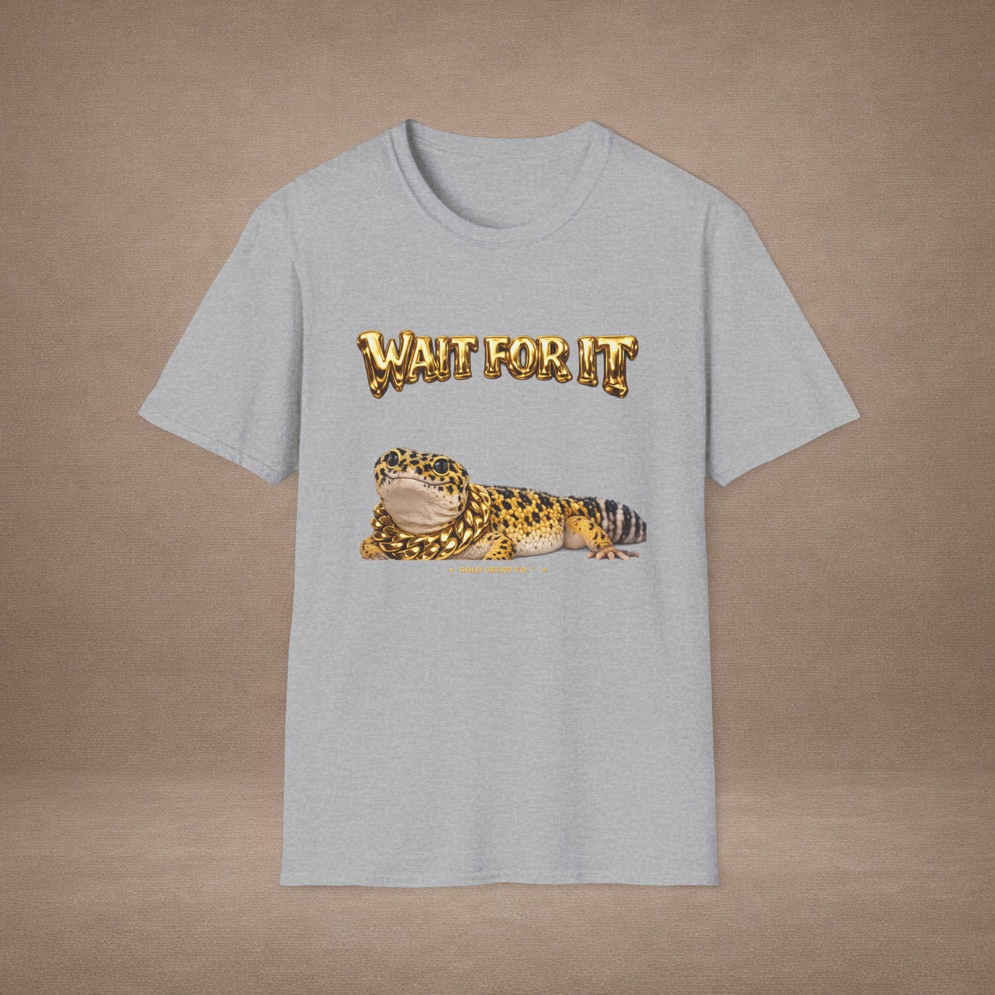 DESIGN #21 Wait For It... Lounging Leopard Gecko Tee (Front & Back) - Gold Lettering