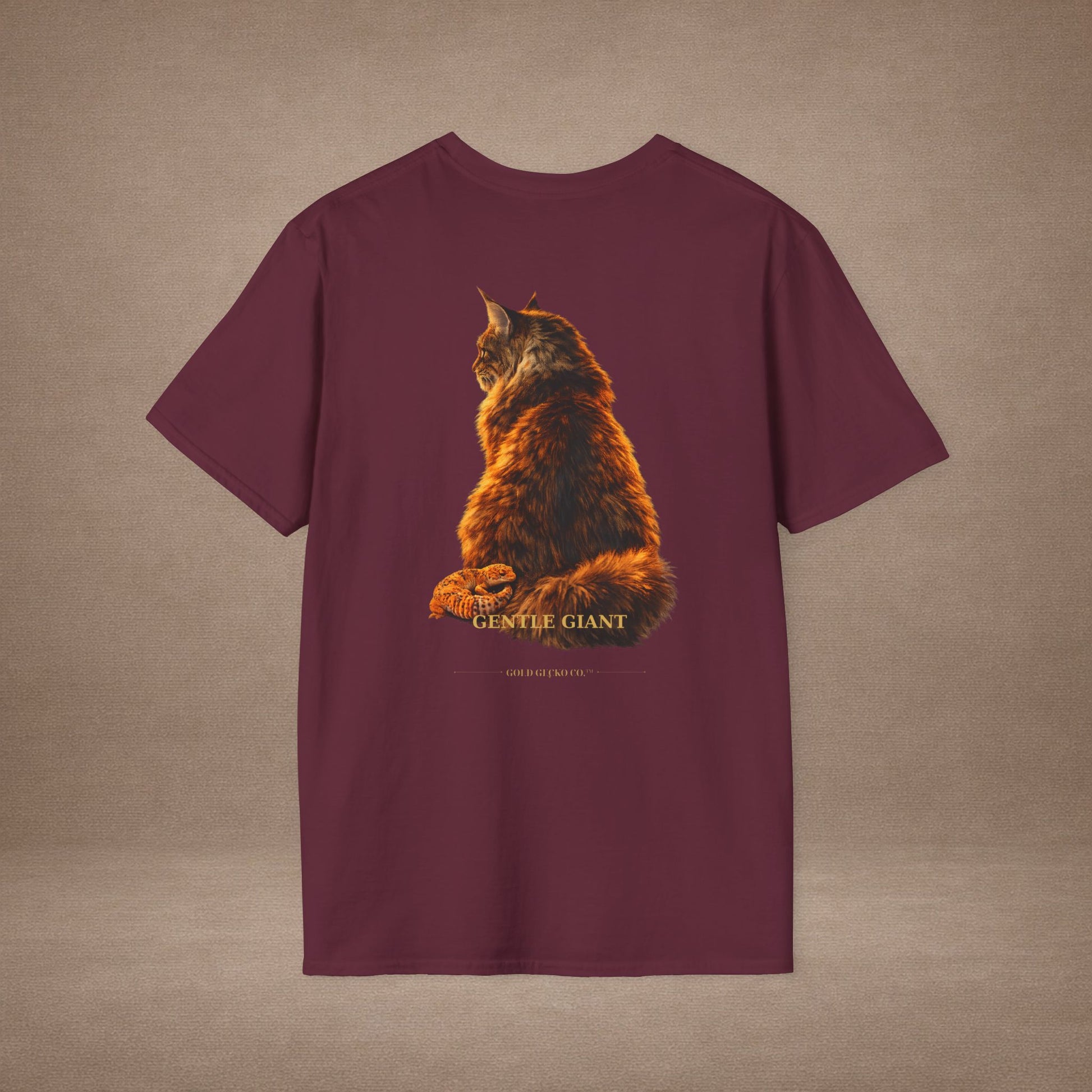Maine Coon — Gentle Giant — photoreal cat breed portraits paired with tiny gecko compani. Gold Gecko Co. Cats & Geckos collection.