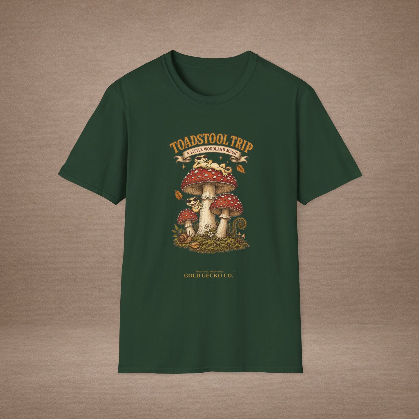 Toadstool Trip cottagecore mushroom & gecko t-shirt — Gold Gecko Co.