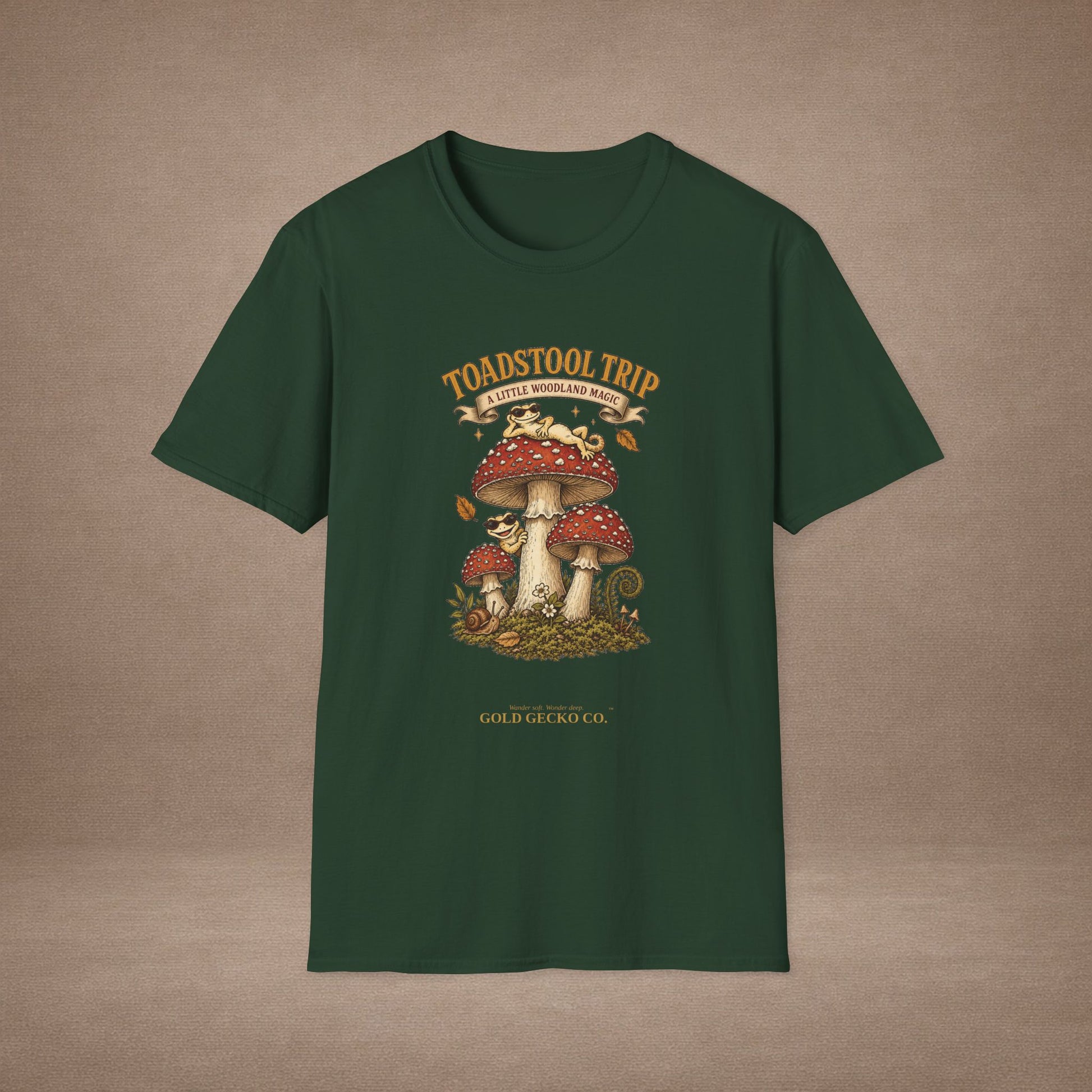 Toadstool Trip cottagecore mushroom & gecko t-shirt — Gold Gecko Co.
