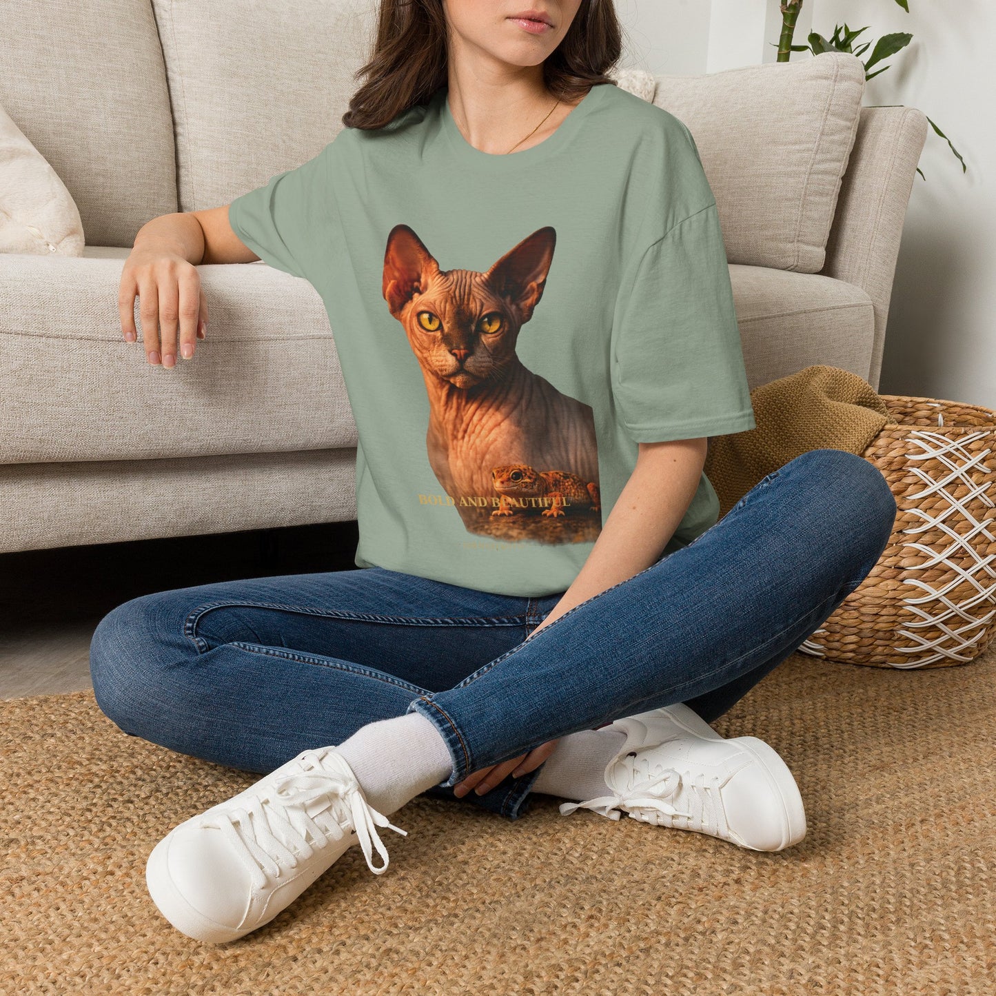 Sphynx — Bold And Beautiful — photoreal cat breed portraits paired with tiny gecko compani. Gold Gecko Co. Cats & Geckos collection.