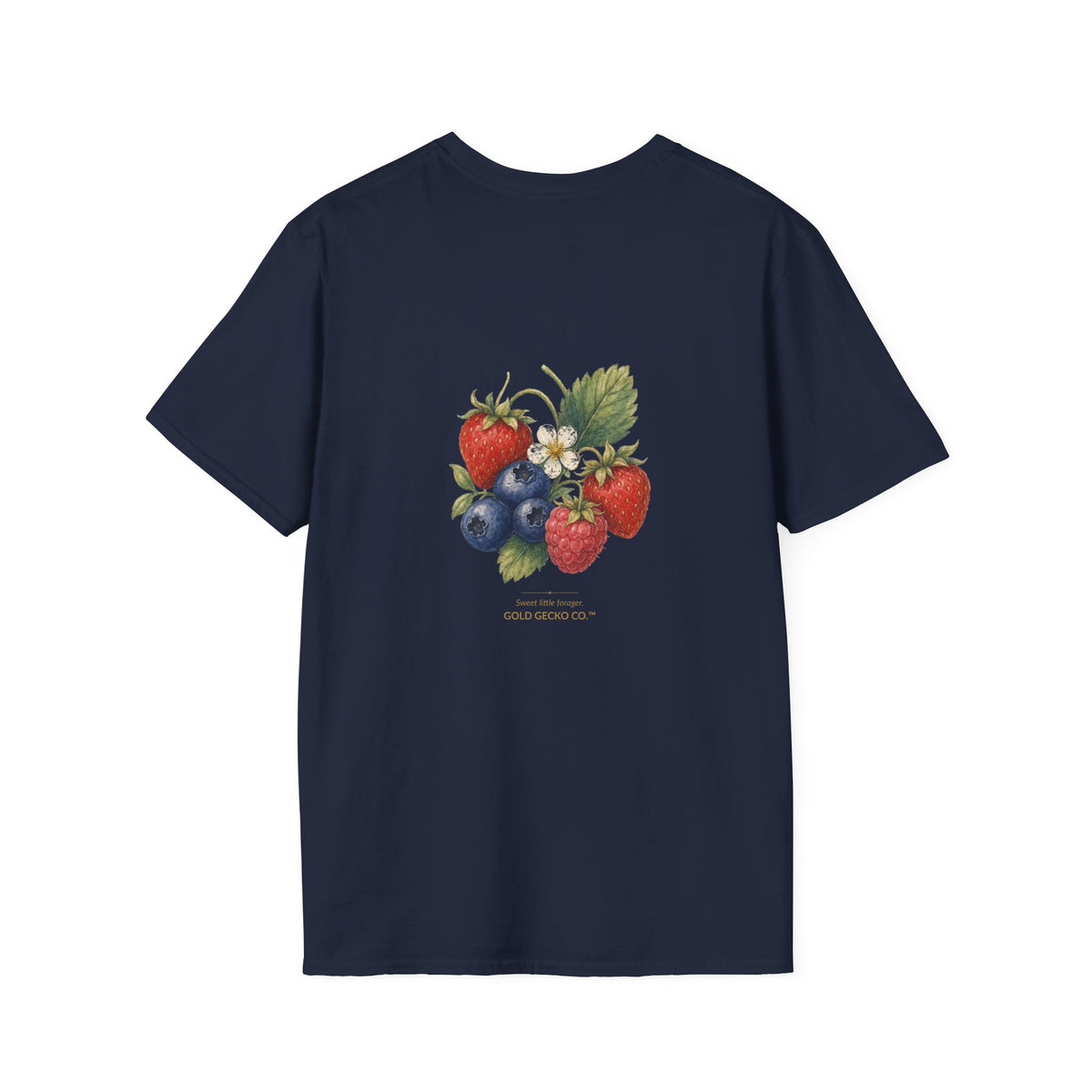 Berry Basket Buddy cottagecore watercolor T-shirt from Gold Gecko Co. — gecko nestled in a woven basket of wild strawberries and blueberries.