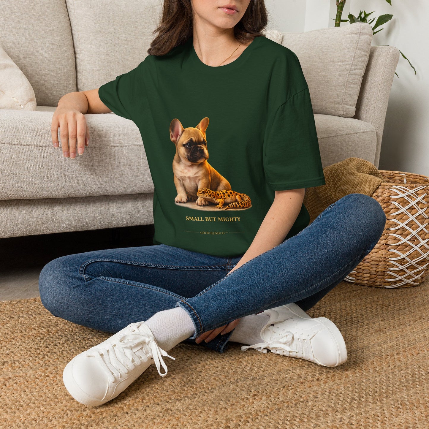 French Bulldog — Small But Mighty — cinematic photoreal portraits of beloved dog breeds paired w. Gold Gecko Co. Puppies & Geckos collection.