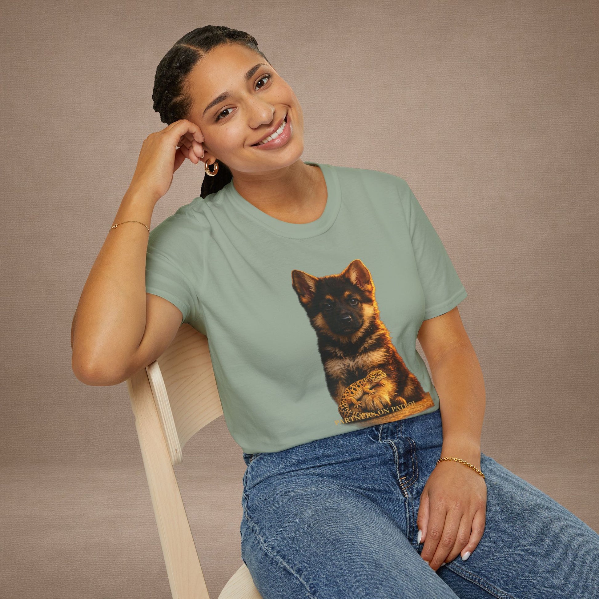 German Shepherd — Partners On Patrol — cinematic photoreal portraits of beloved dog breeds paired w. Gold Gecko Co. Puppies & Geckos collection.