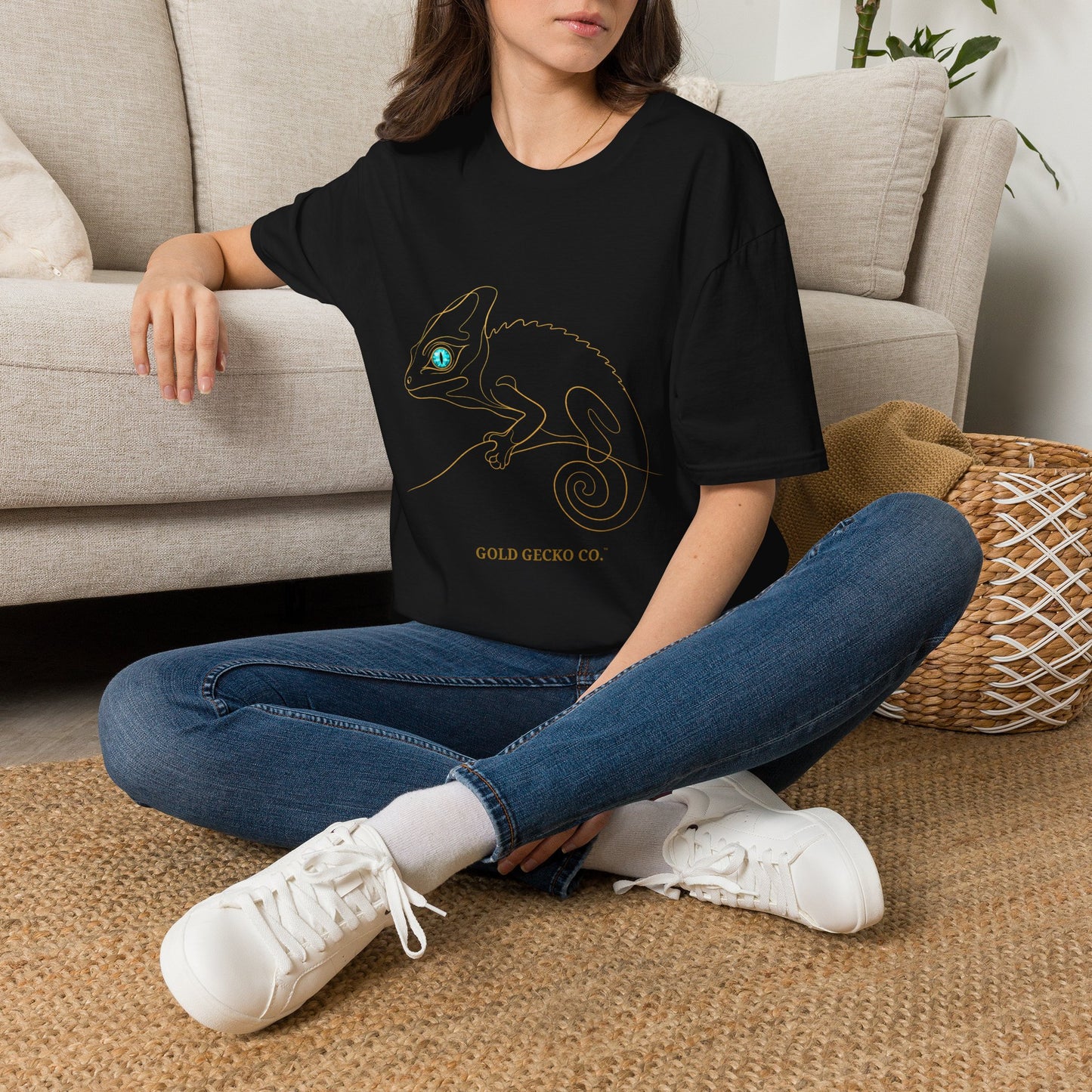 Turquoise Chameleon single-line art with turquoise gem eye — Gold Gecko Co. Line & Gold collection (Dark)