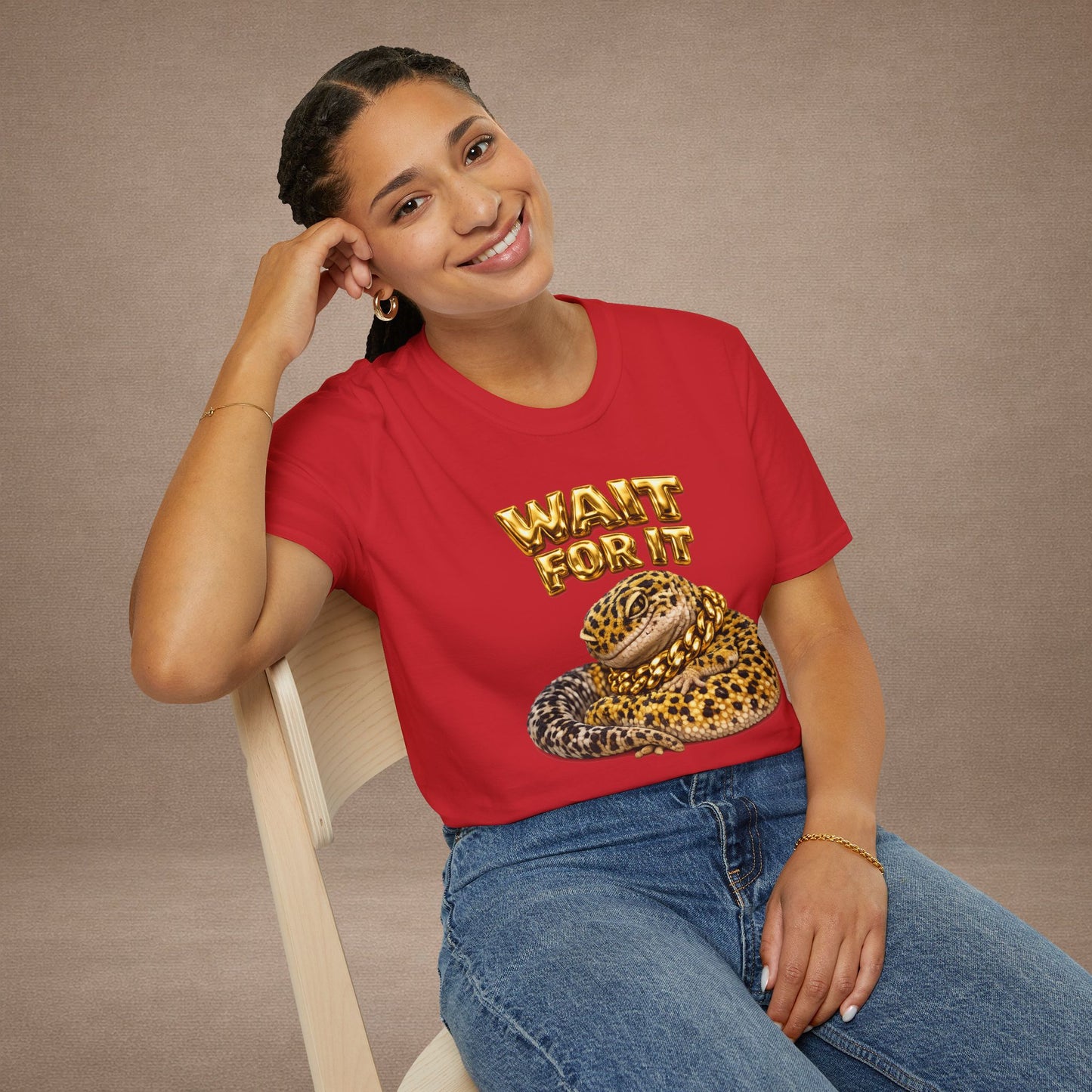 DESIGN #06-1 - Wait For It -  Side-Eye Leopard Gecko Tee (Front & Back)- Gold Letters