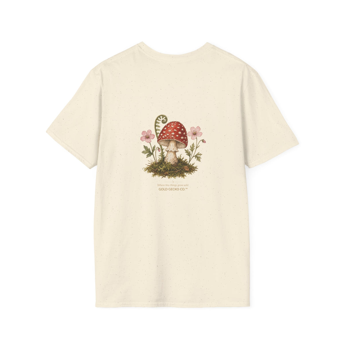 Mushroom Village cottagecore watercolor T-shirt from Gold Gecko Co. — gecko exploring a whimsical toadstool village in the woods.