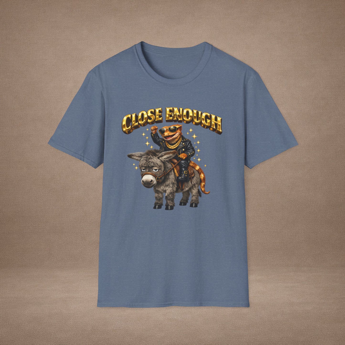 DESIGN #04-1 Close Enough — Donkey Gecko Tee (Front & Back) (Gold Letters)