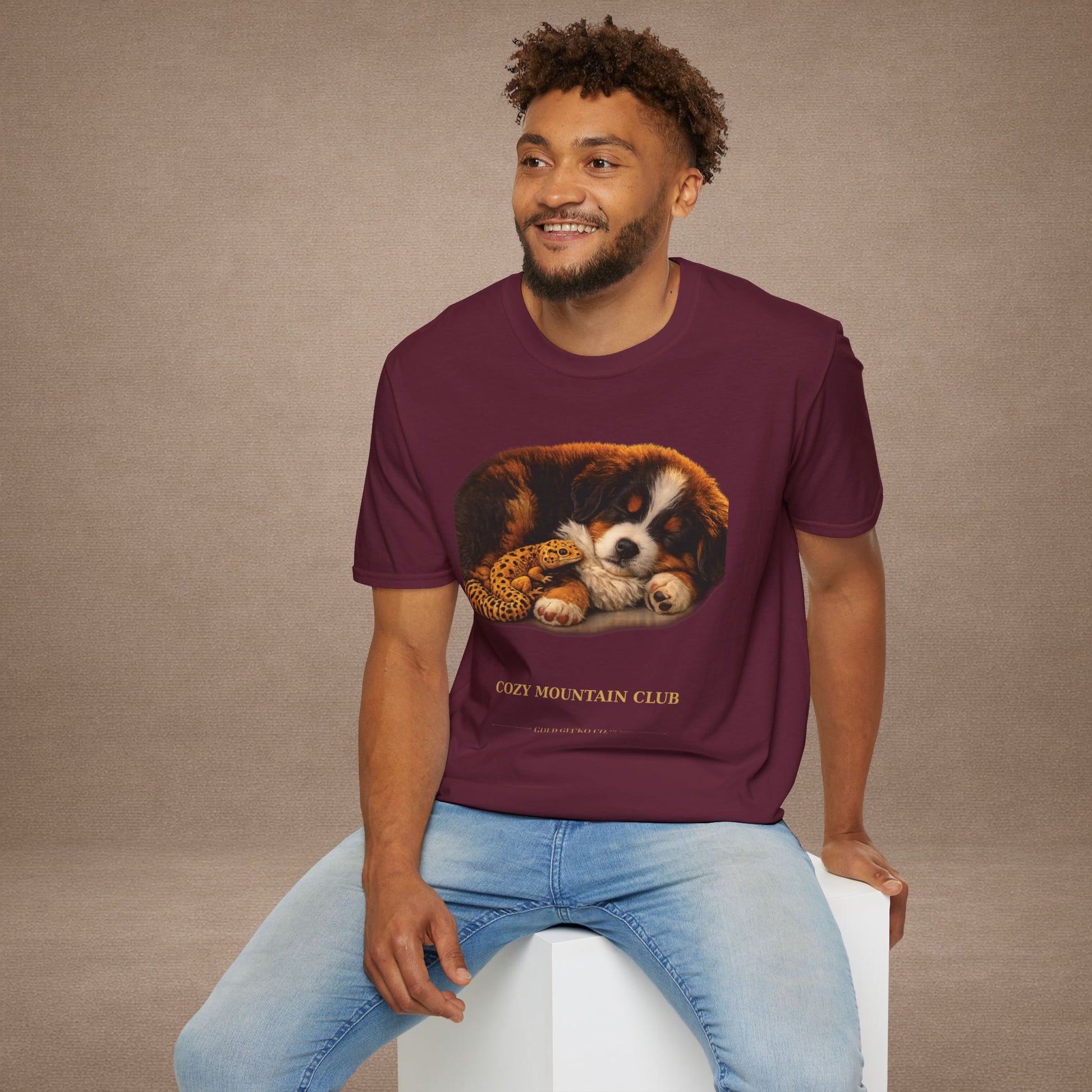 Bernese Mountain Dog — Cozy Mountain Club — cinematic photoreal portraits of beloved dog breeds paired w. Gold Gecko Co. Puppies & Geckos collection.
