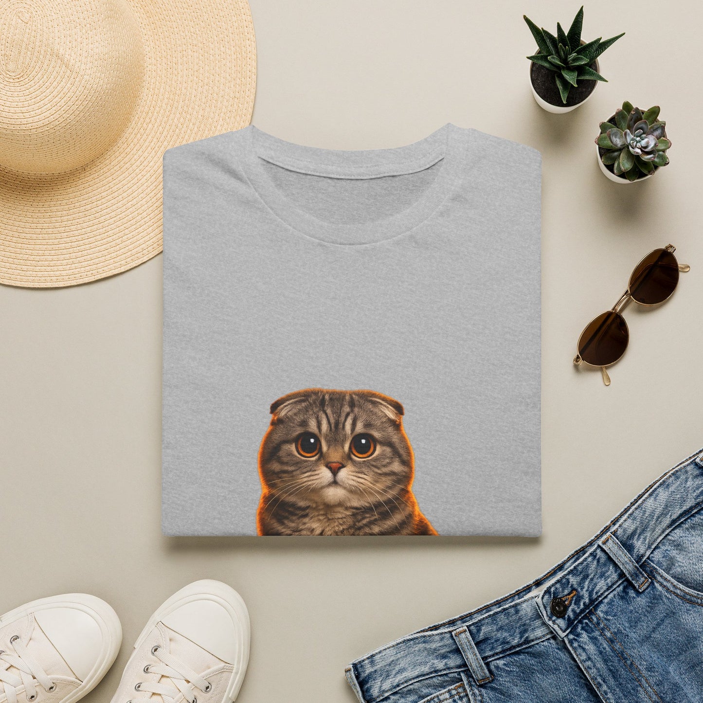 Scottish Fold — Ears For Days — photoreal cat breed portraits paired with tiny gecko compani. Gold Gecko Co. Cats & Geckos collection.