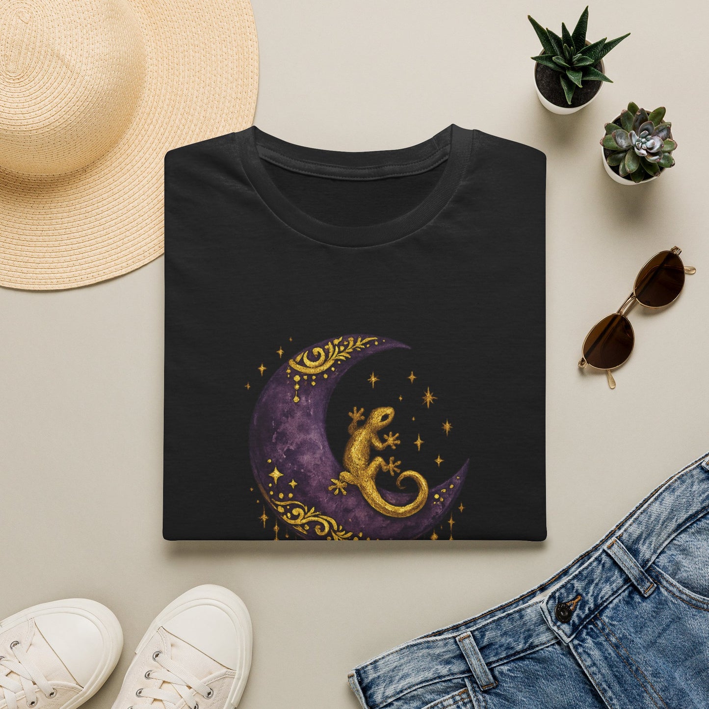 Moon Phase Coven gecko t-shirt with Coven Banner back — Gold Gecko Co. Moon & Mystic collection