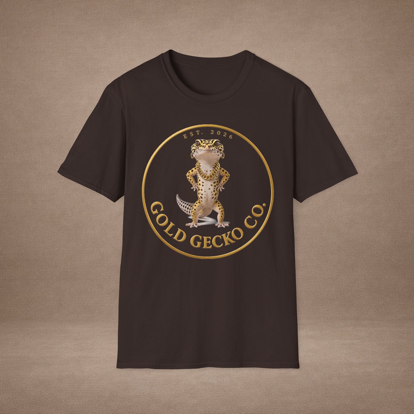 Design # 001  Gold Gecko Co. tm - Signature Logo Tee — Emblem Graphic T-Shirt (Front @ Back)