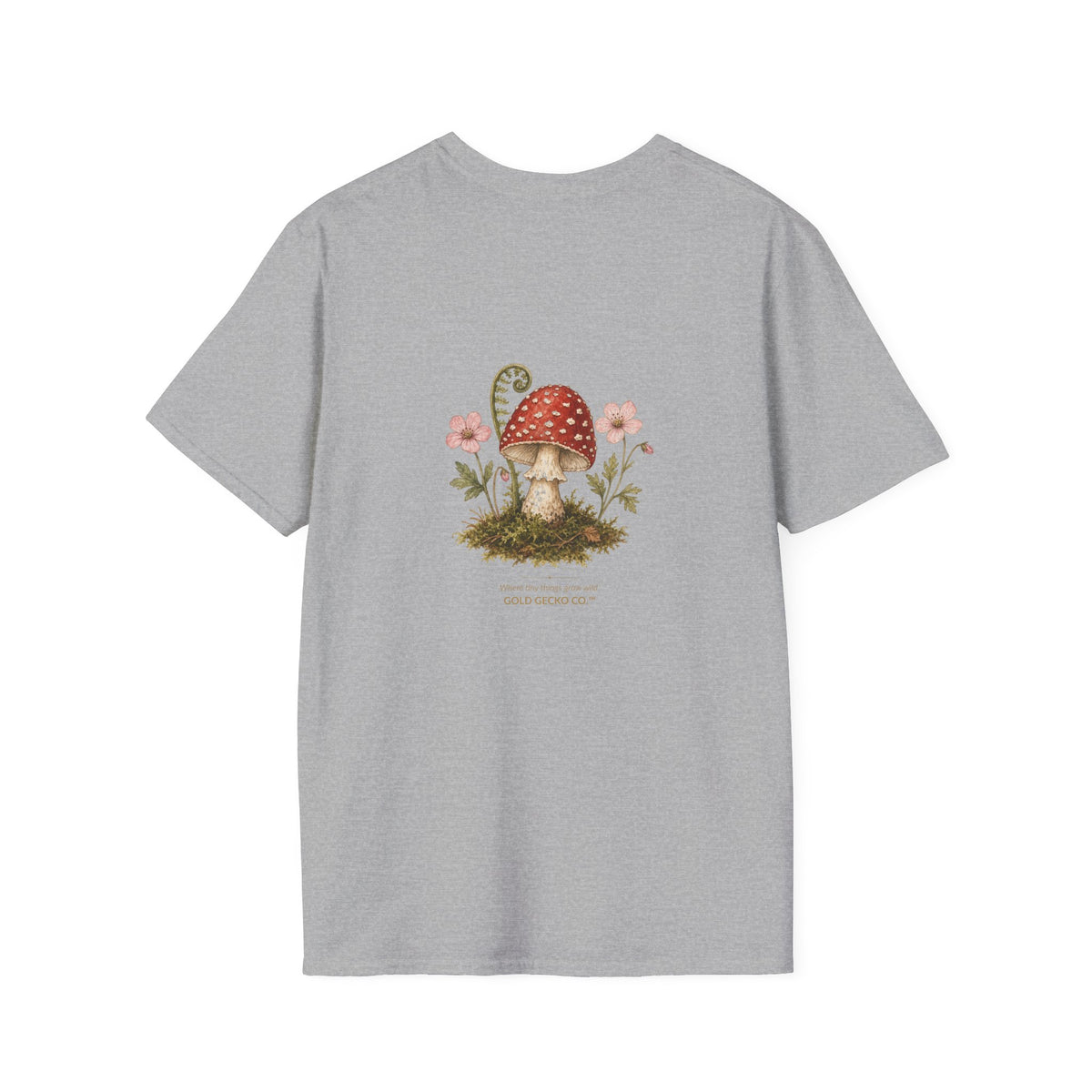 Mushroom Village cottagecore watercolor T-shirt from Gold Gecko Co. — gecko exploring a whimsical toadstool village in the woods.