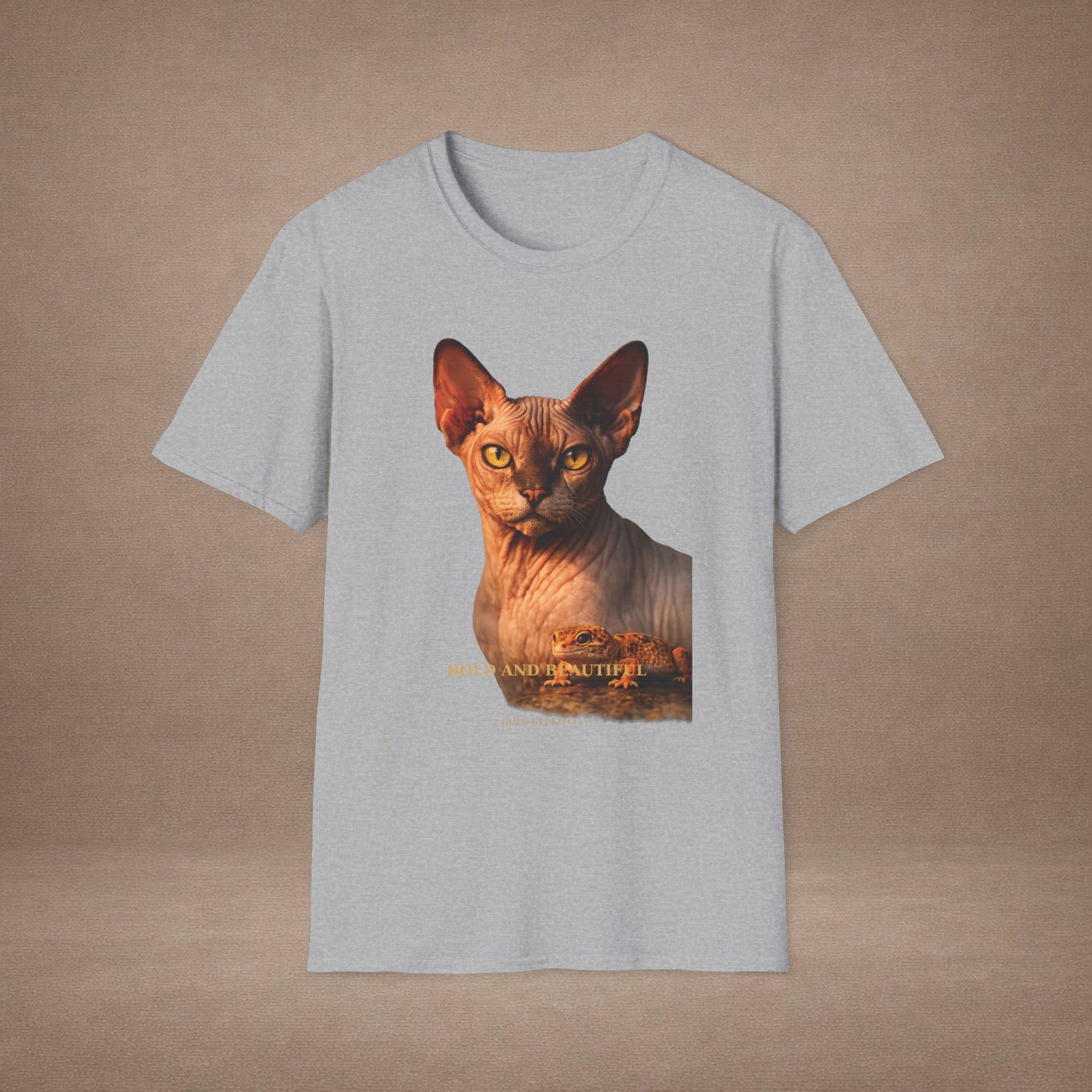 Sphynx — Bold And Beautiful — photoreal cat breed portraits paired with tiny gecko compani. Gold Gecko Co. Cats & Geckos collection.
