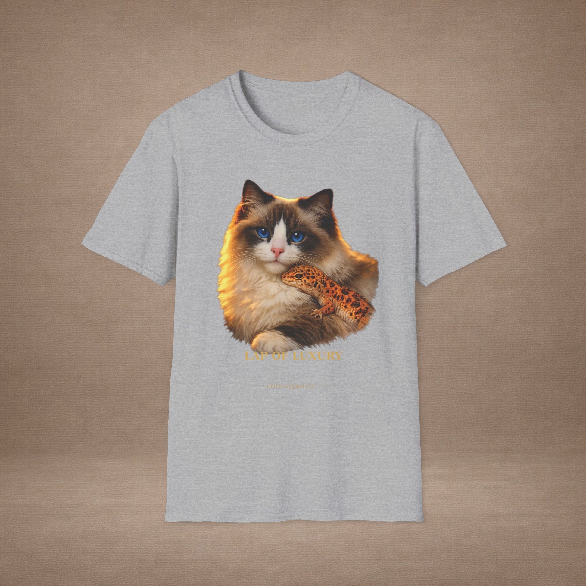 Ragdoll — Lap Of Luxury — photoreal cat breed portraits paired with tiny gecko compani. Gold Gecko Co. Cats & Geckos collection.
