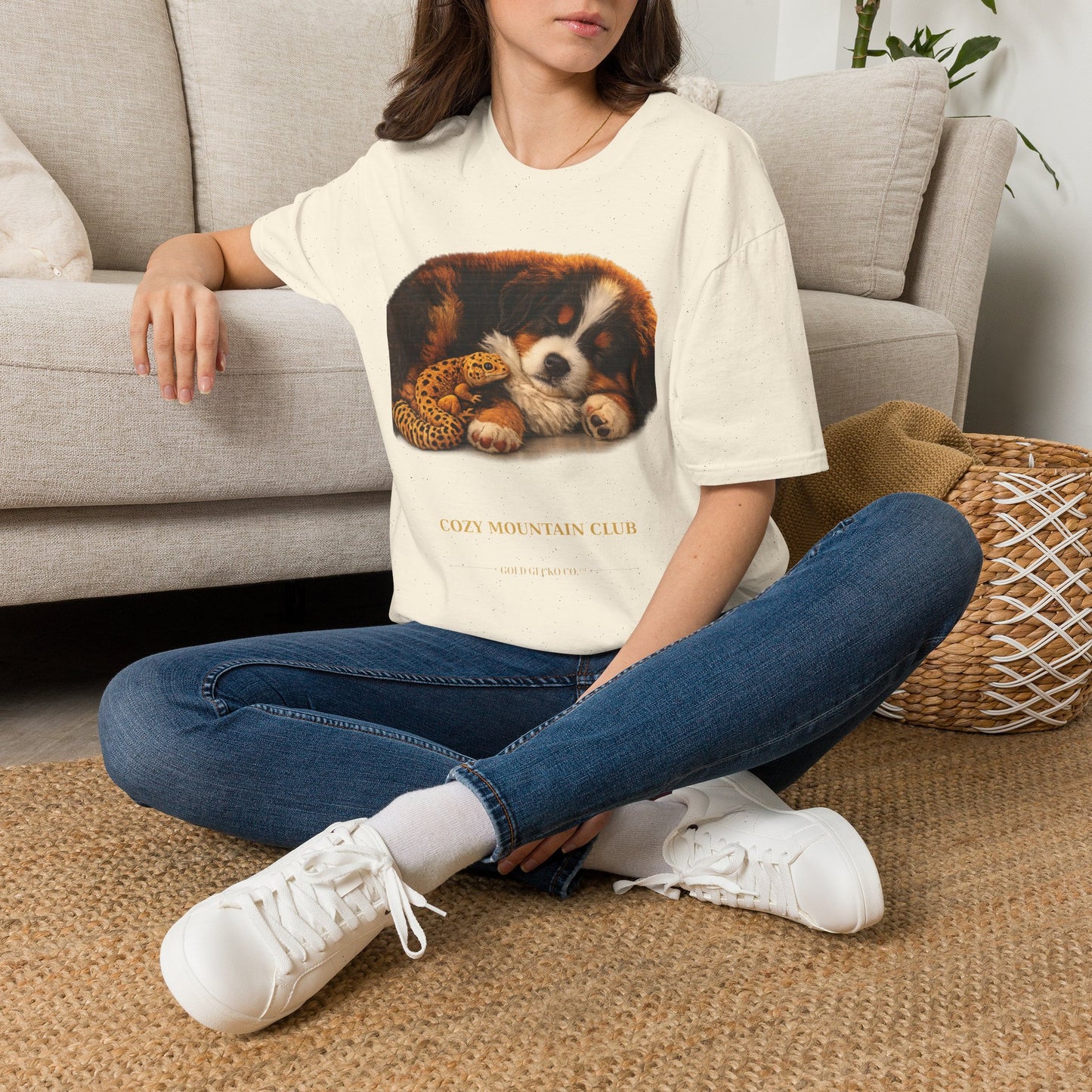 Bernese Mountain Dog — Cozy Mountain Club — cinematic photoreal portraits of beloved dog breeds paired w. Gold Gecko Co. Puppies & Geckos collection.