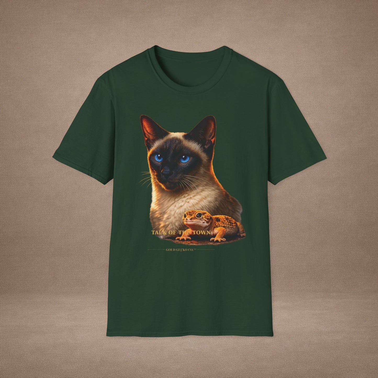 Siamese — Talk Of The Town — photoreal cat breed portraits paired with tiny gecko compani. Gold Gecko Co. Cats & Geckos collection.