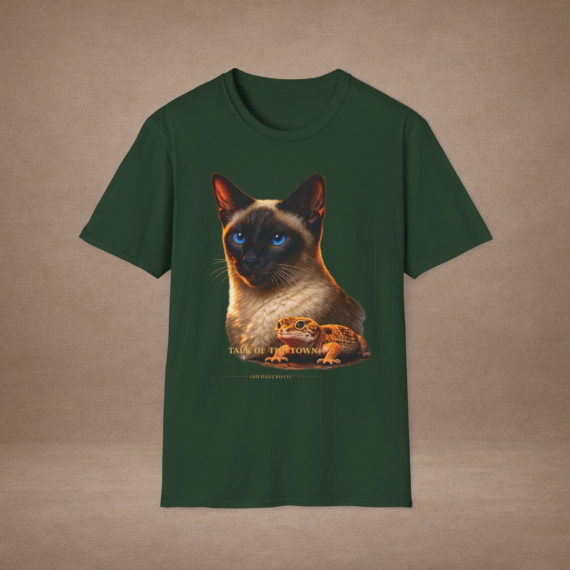 Siamese — Talk Of The Town — photoreal cat breed portraits paired with tiny gecko compani. Gold Gecko Co. Cats & Geckos collection.