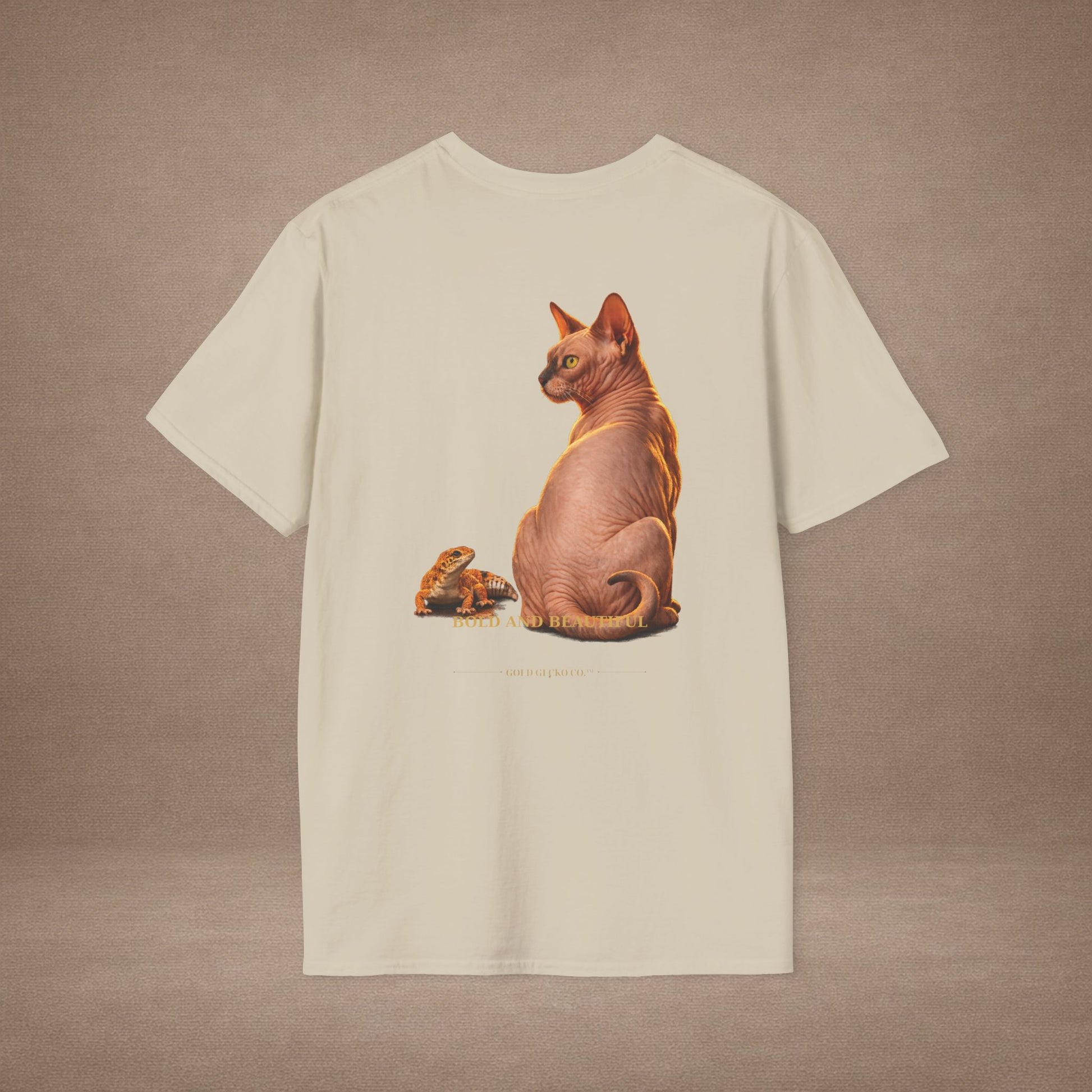 Sphynx — Bold And Beautiful — photoreal cat breed portraits paired with tiny gecko compani. Gold Gecko Co. Cats & Geckos collection.