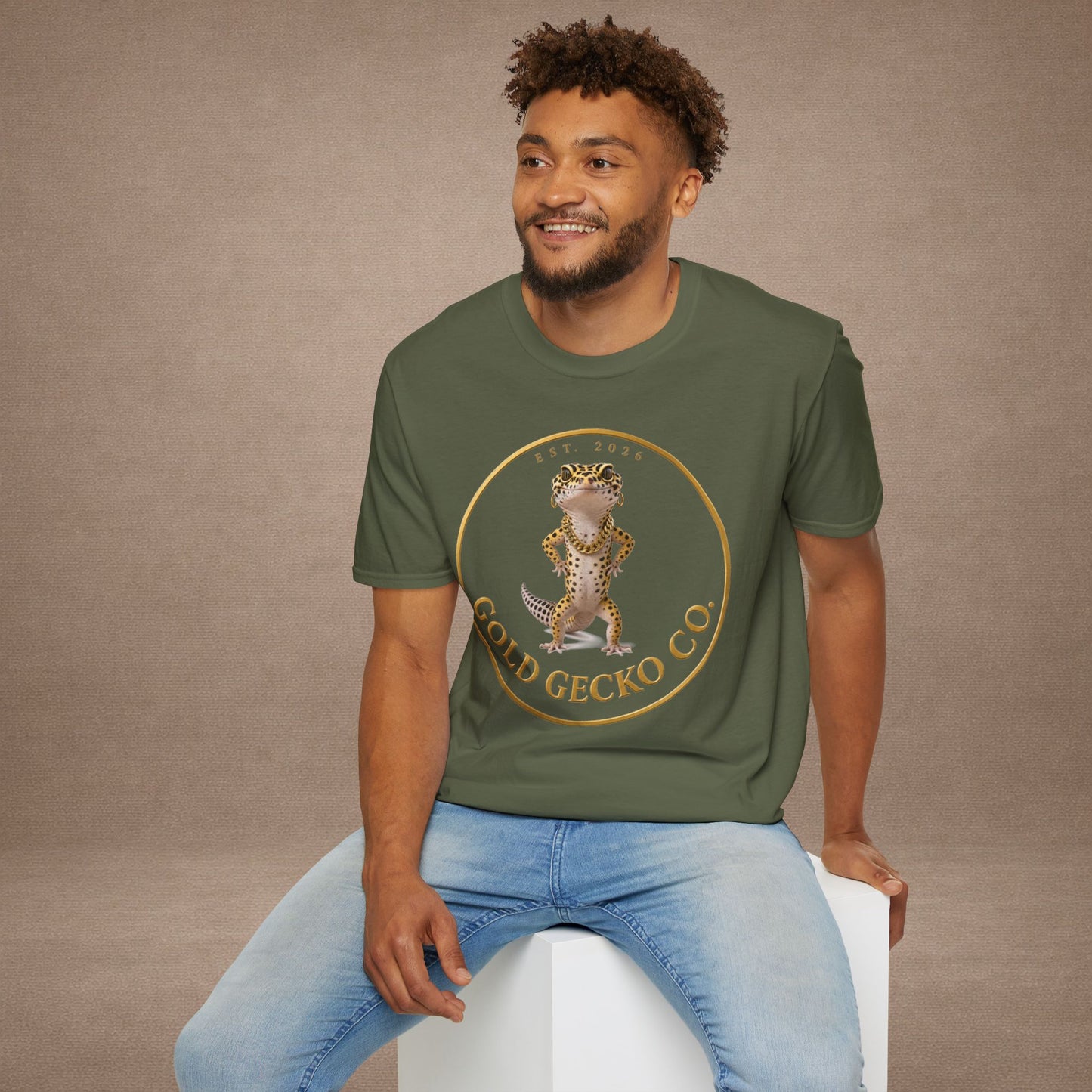 Design # 001  Gold Gecko Co. tm - Signature Logo Tee — Emblem Graphic T-Shirt (Front @ Back)