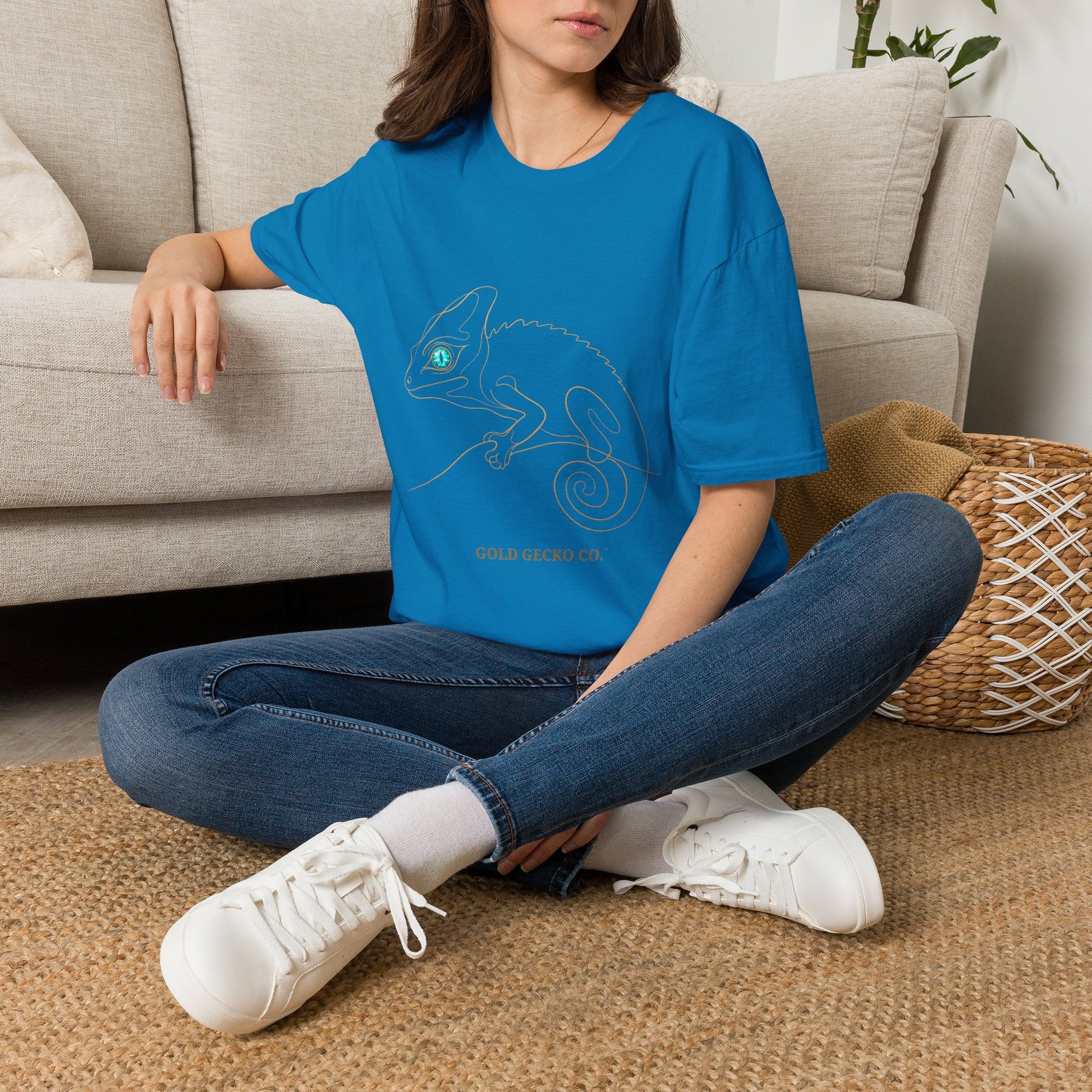 Turquoise Chameleon single-line art with turquoise gem eye — Gold Gecko Co. Line & Gold collection (Dark)