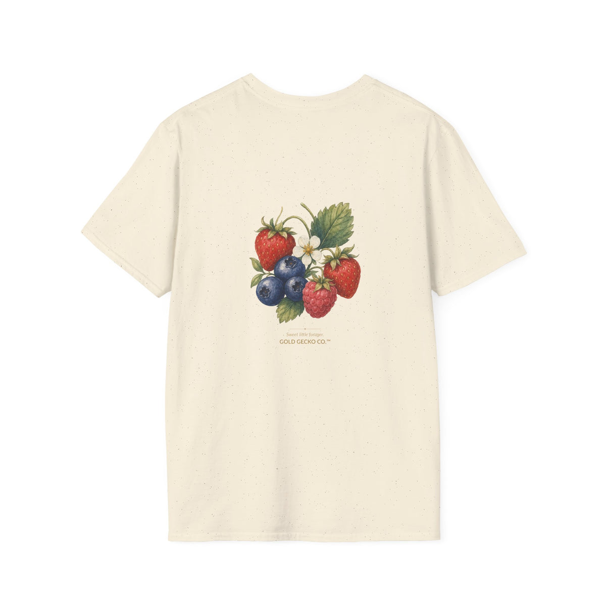 Berry Basket Buddy cottagecore watercolor T-shirt from Gold Gecko Co. — gecko nestled in a woven basket of wild strawberries and blueberries.