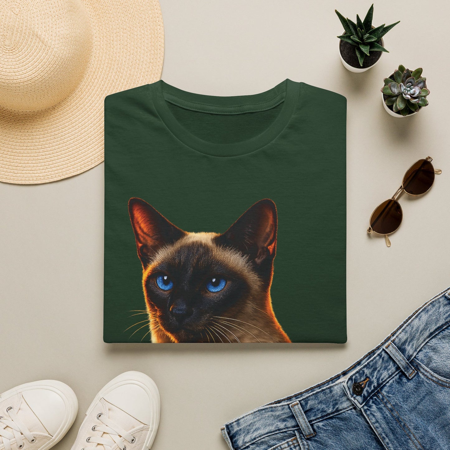 Siamese — Talk Of The Town — photoreal cat breed portraits paired with tiny gecko compani. Gold Gecko Co. Cats & Geckos collection.