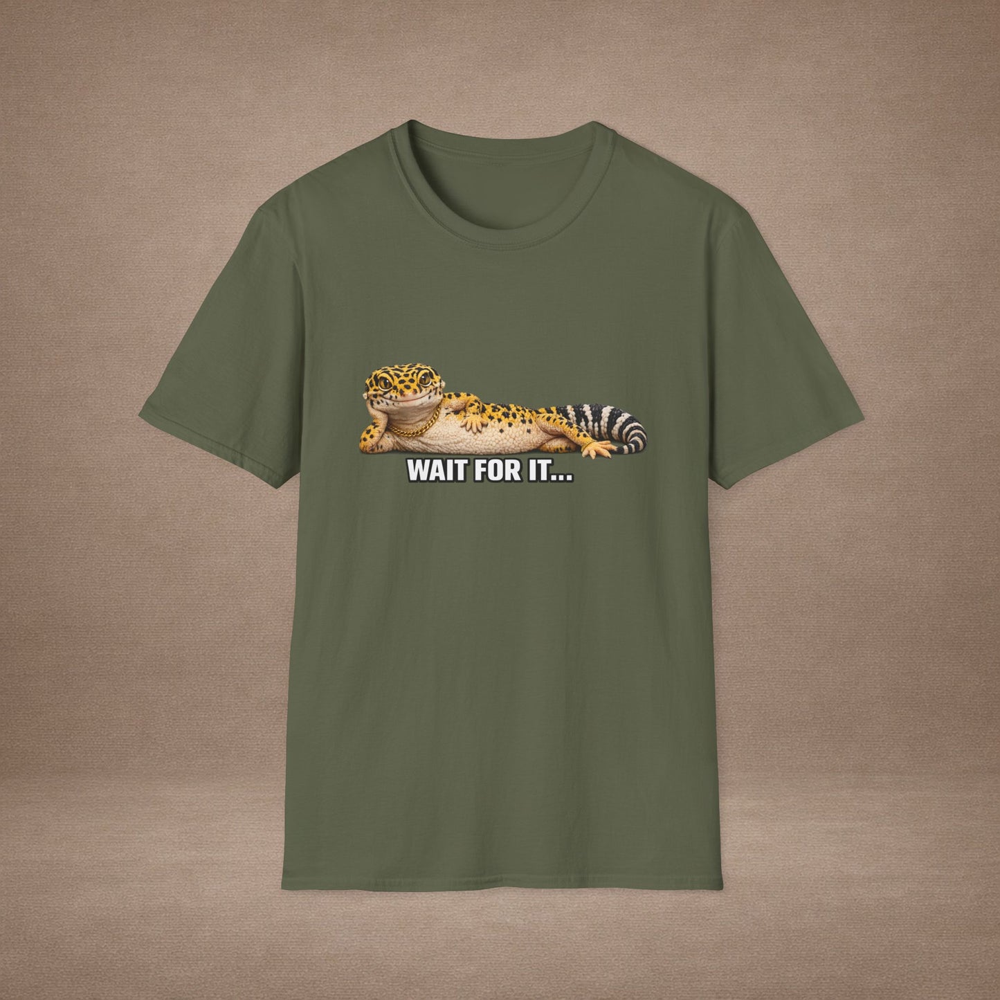 DESIGN #21 Wait For It… — Lounging Leopard Gecko Tee (Front & Back)