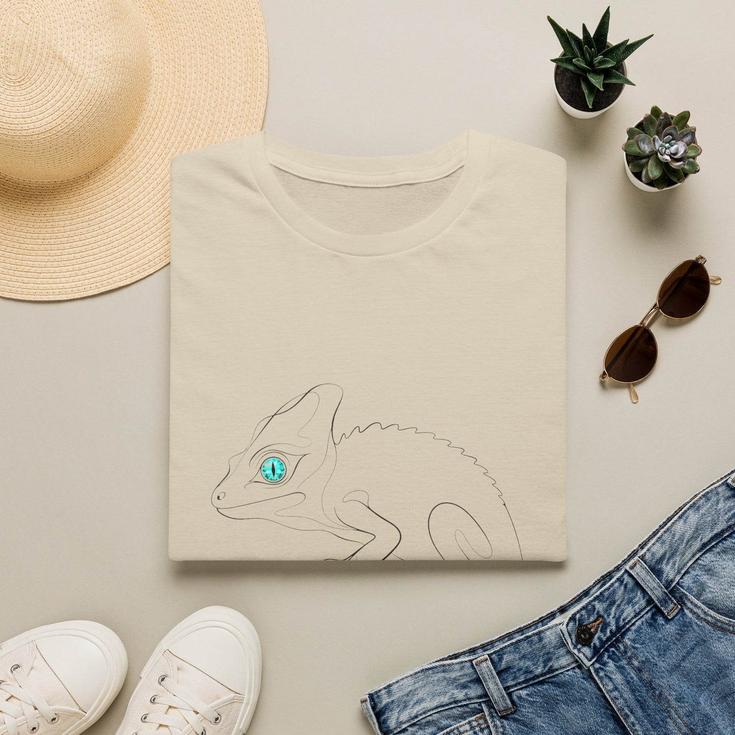 Turquoise Chameleon single-line art with turquoise gem eye — Gold Gecko Co. Line & Gold collection (Light)