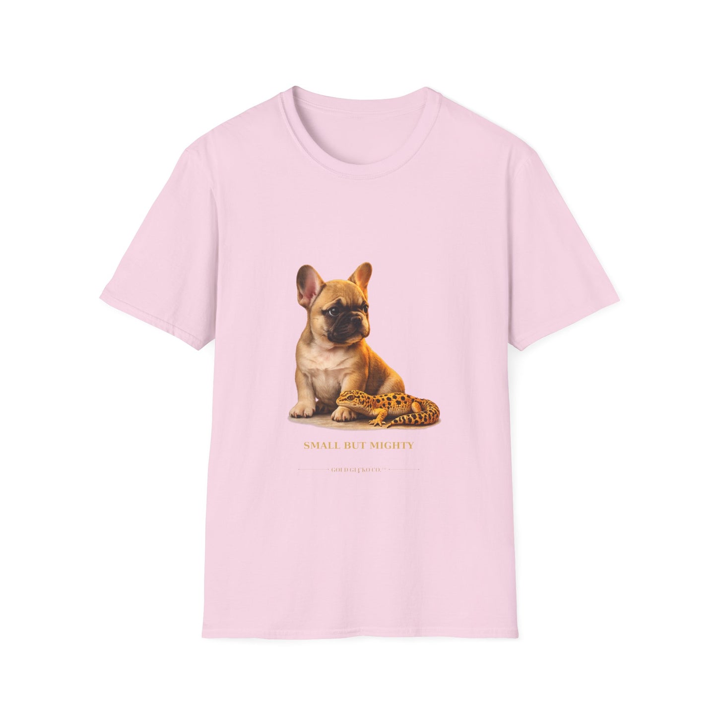 French Bulldog — Small But Mighty — cinematic photoreal portraits of beloved dog breeds paired w. Gold Gecko Co. Puppies & Geckos collection.