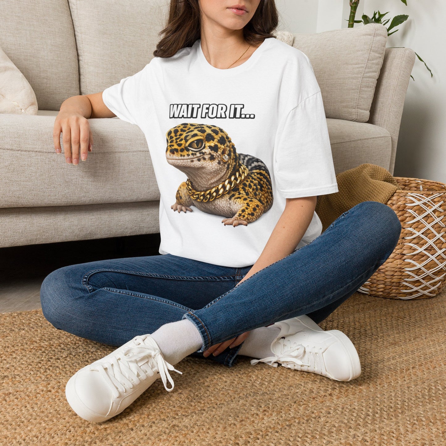 DESIGN #20-2  Wait For It… — Side-Eye Leopard Gecko Tee (Front & Back) (White Letters)