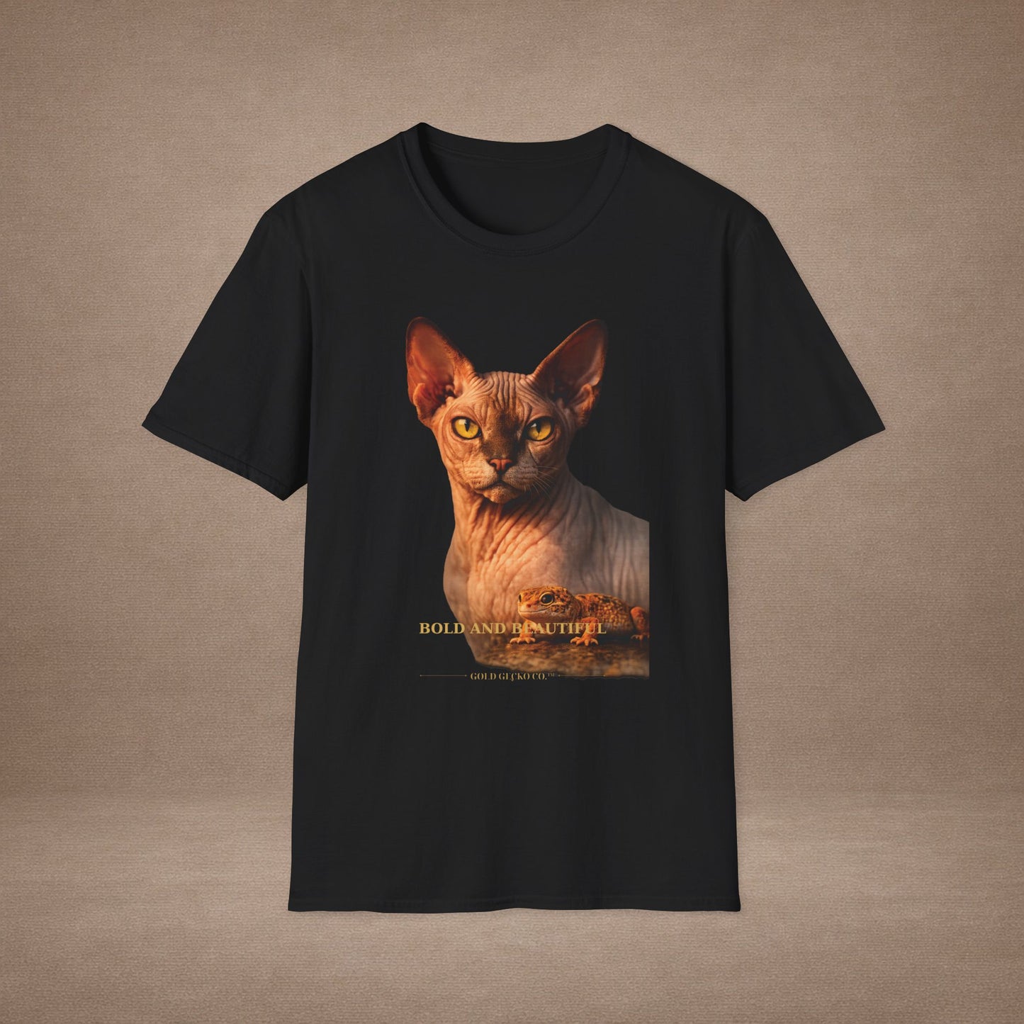 Sphynx — Bold And Beautiful — photoreal cat breed portraits paired with tiny gecko compani. Gold Gecko Co. Cats & Geckos collection.