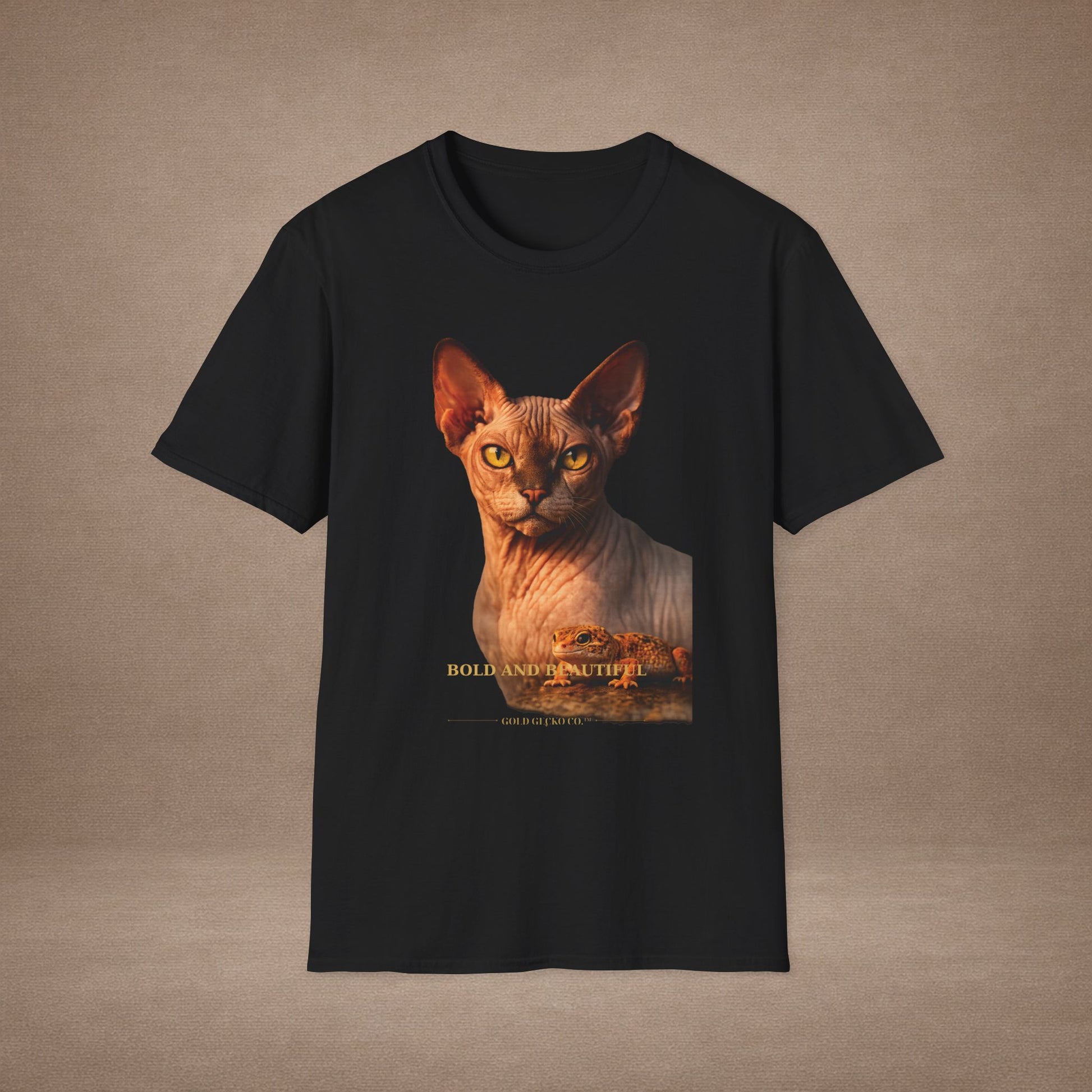 Sphynx — Bold And Beautiful — photoreal cat breed portraits paired with tiny gecko compani. Gold Gecko Co. Cats & Geckos collection.
