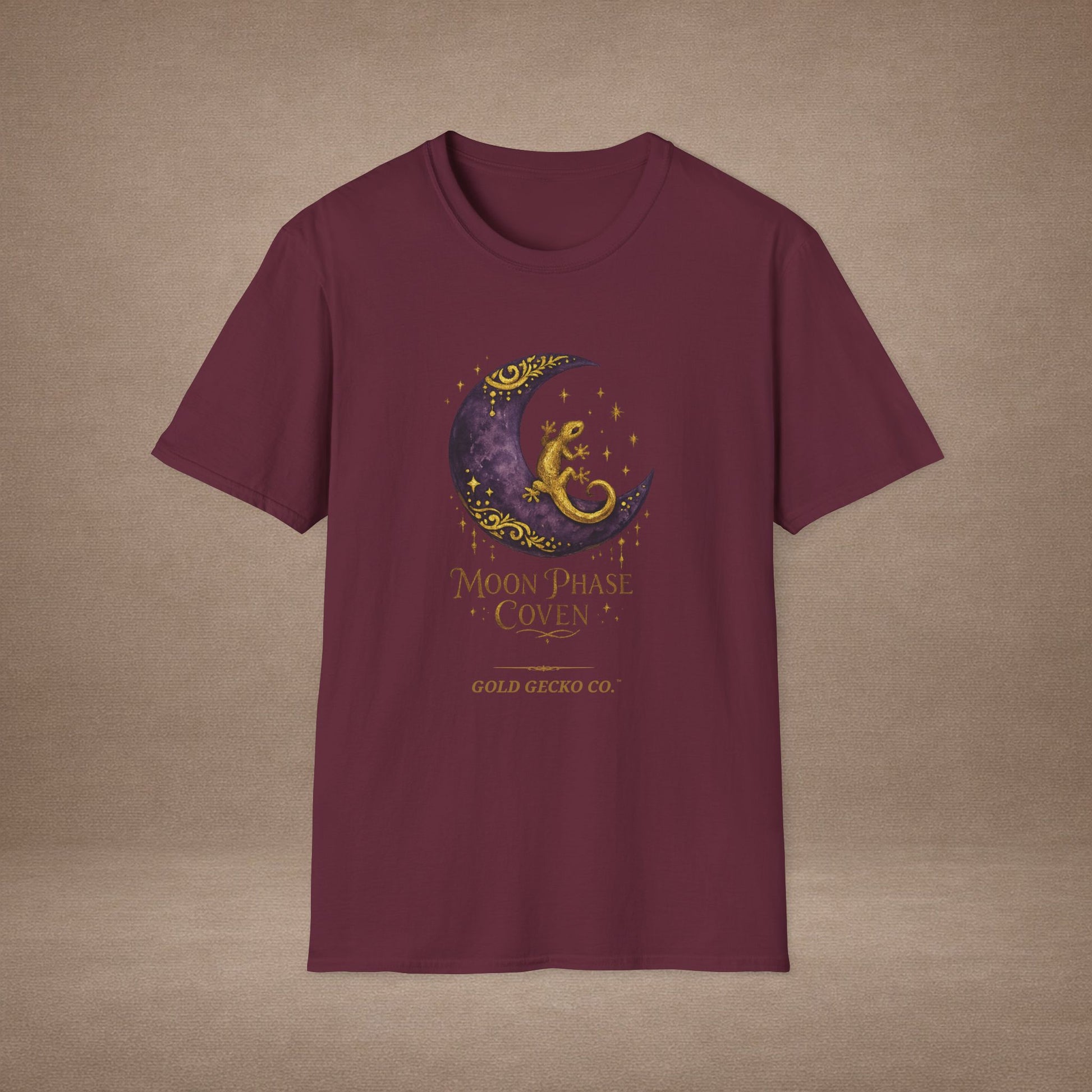 Moon Phase Coven gecko t-shirt with Coven Banner back — Gold Gecko Co. Moon & Mystic collection