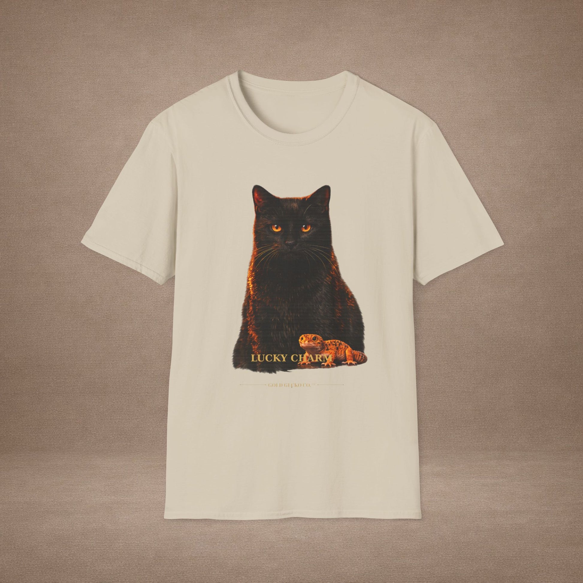 Black Cat — Lucky Charm — photoreal cat breed portraits paired with tiny gecko compani. Gold Gecko Co. Cats & Geckos collection.
