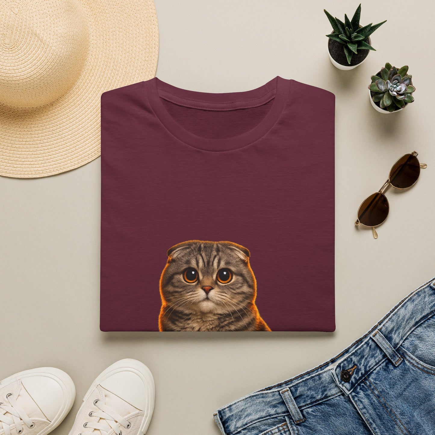 Scottish Fold — Ears For Days — photoreal cat breed portraits paired with tiny gecko compani. Gold Gecko Co. Cats & Geckos collection.
